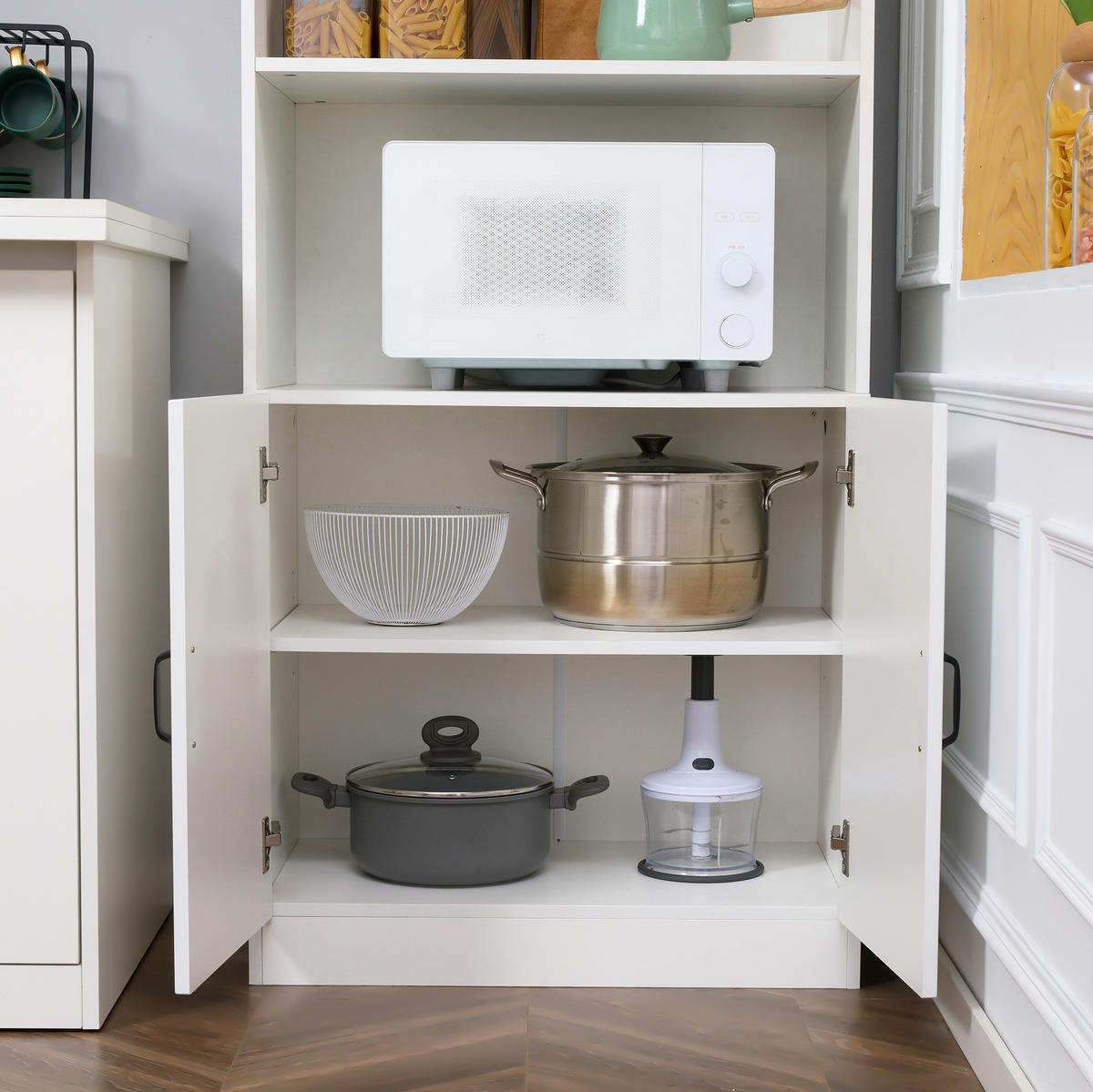 HIGHBOARD 70/40/170 cm in Weiß – mit 4 Türen und offener Gerätnische - Weiß, Holzwerkstoff (70/170/40cm) - BEAOK
