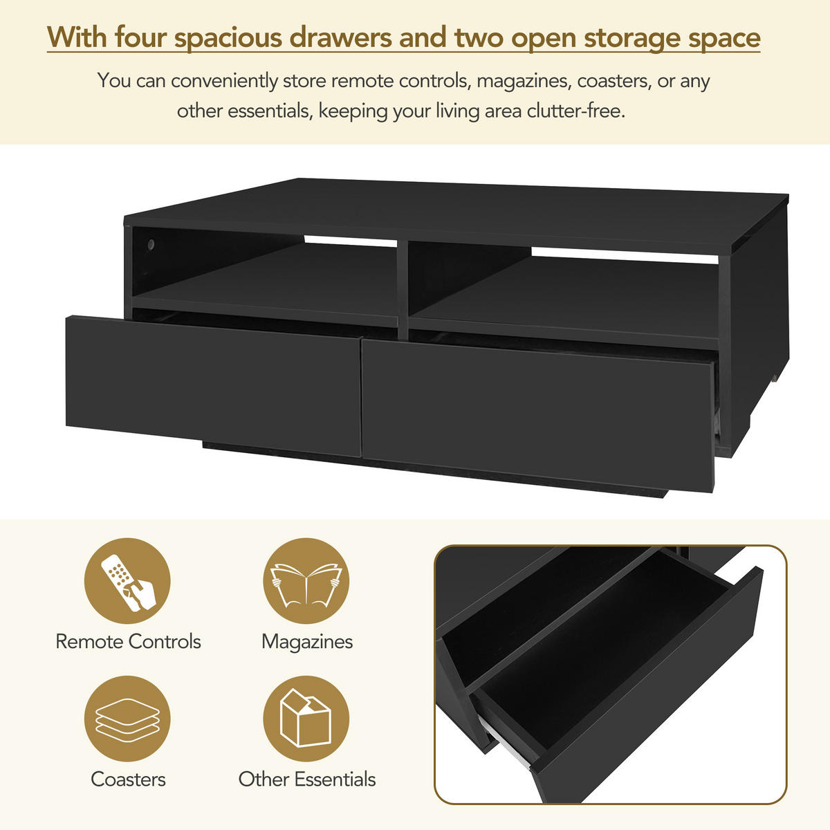 COUCHTISCH 90/55/35 cm schwarz mit 4 Schubladen und LED-Beleuchtung - Schwarz, Holzwerkstoff (90/55/35cm) - OKWISH