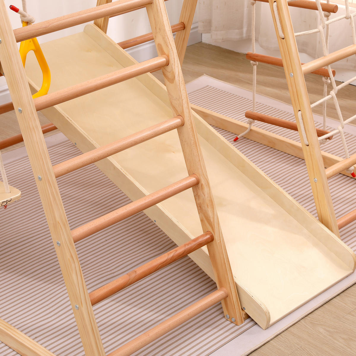 KLETTERGERÜST 7-in-1 Holz Schaukel Rutsche Kletterwand Netz modern - Naturfarben, Holz (120/134cm) - FLIEKS