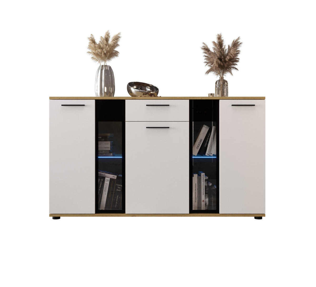 KOMMODE London LSK mit 3 Türen, Sideboard in Farbe: Weiß|Braun, Größe: 140 x 80 x 40 cm - Weiß/Braun, Holzwerkstoff (140/80/40cm) - O-Sofa