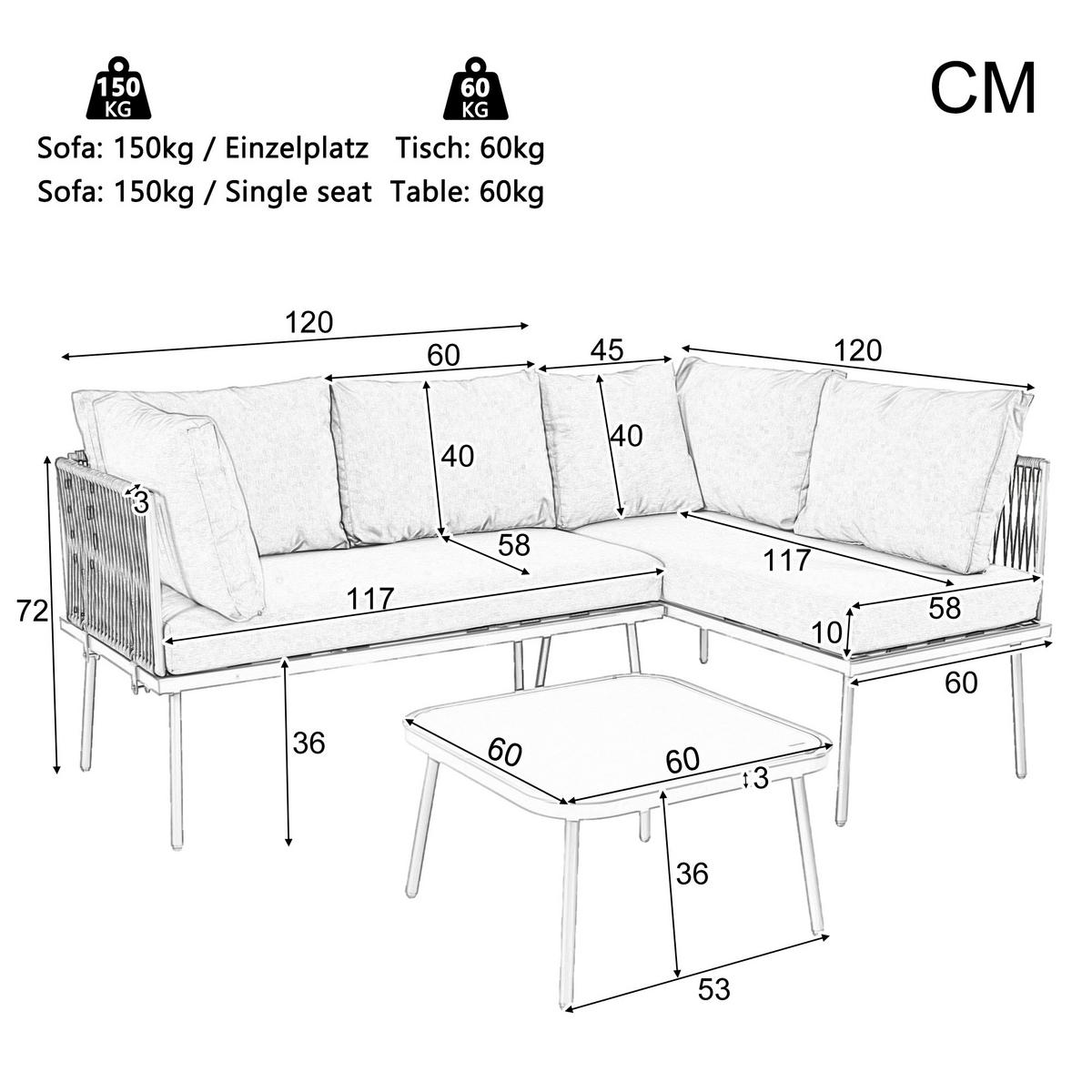 GARTEN Lounge Set aus Eisen mit grünem Seil LForm mit Sitzkissen verstellbaren Füßen 2 Sofas und Tisch - Grün, Metall - FLIEKS