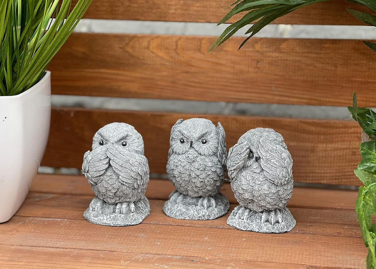 STEINFIGUR 3er Set Eule Nichts sehen Sagen hören frostfest Steinguss - Grau, Stein (7/8/5cm) - stoneandstyle