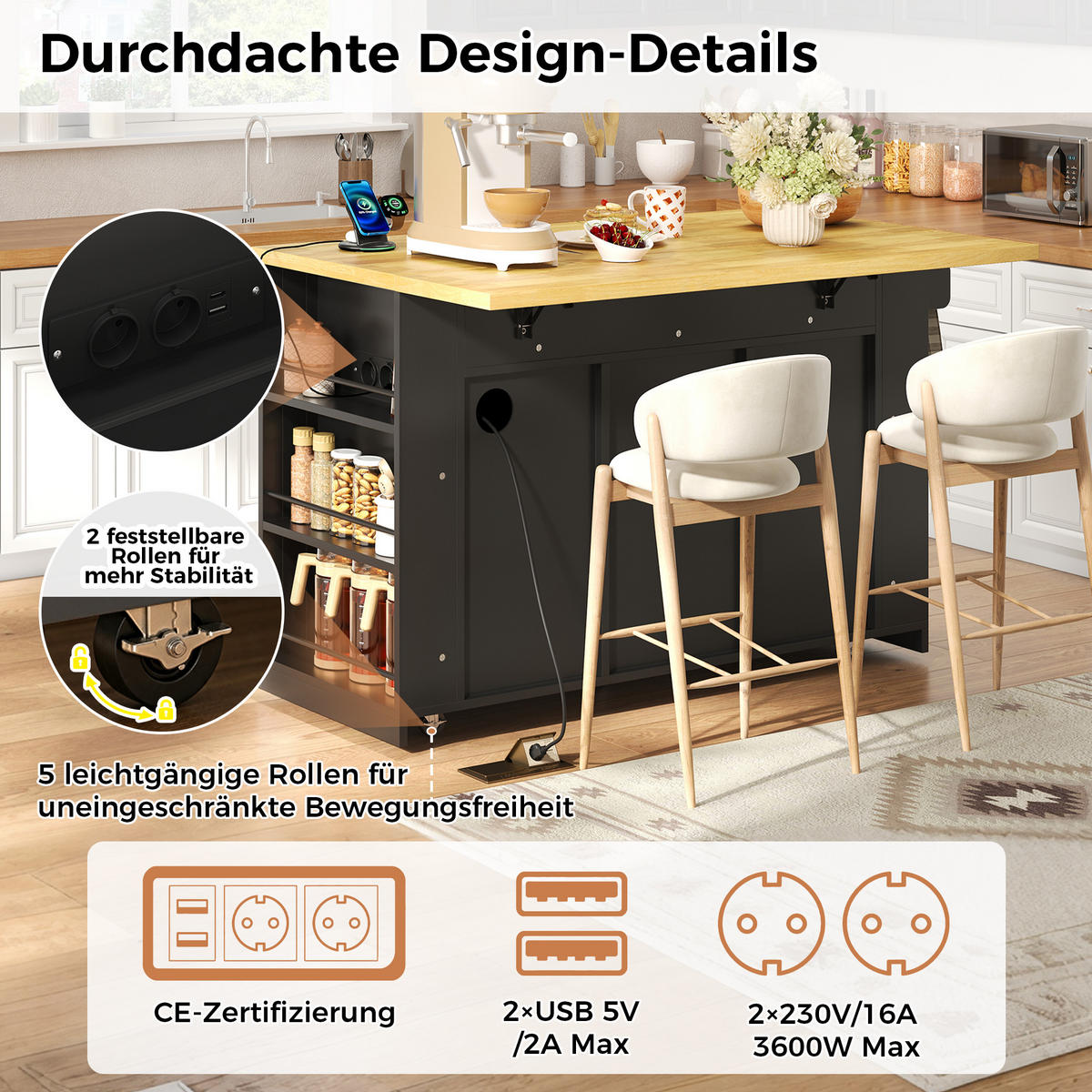 KÜCHENINSEL 130/50/87 cm Schwarz mit ausklappbarer Arbeitsplatte, 3-stufigem Ablageregal und 3 Schubladen - Schwarz, Holz/Holzwerkstoff (80/87/130cm) - Oxeza