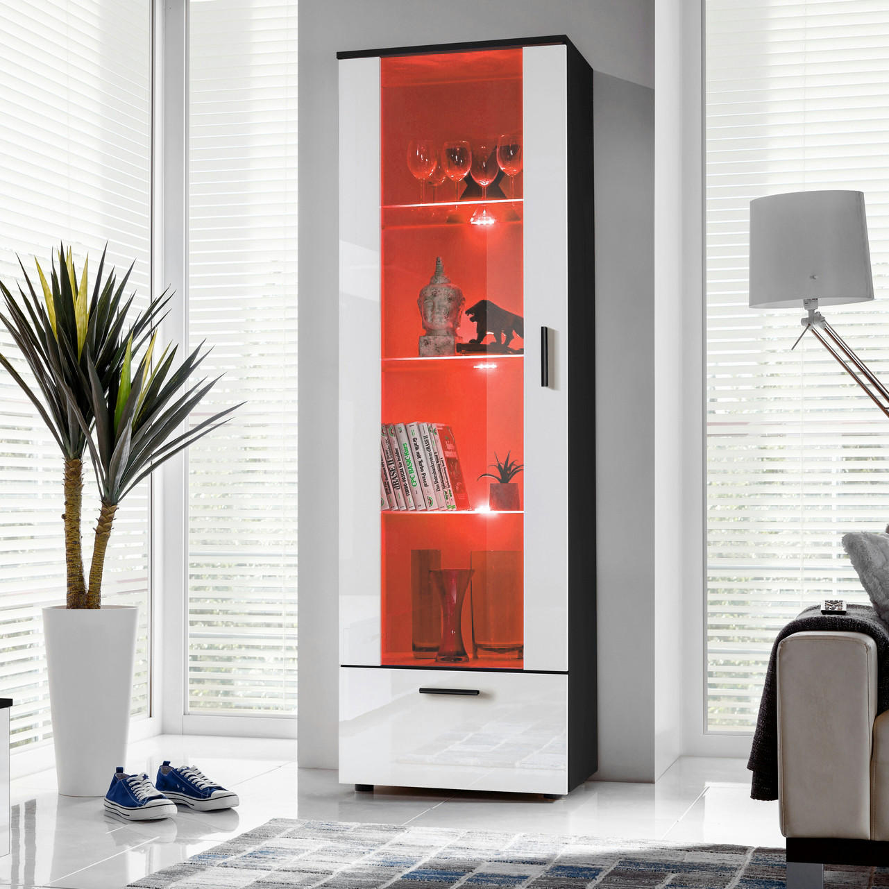 VITRINE ALESSANDRIA, Weiss, LED Mehrfarbige - Schwarz/Weiß, Glas/Holzwerkstoff (60/192/42cm) - Komodee