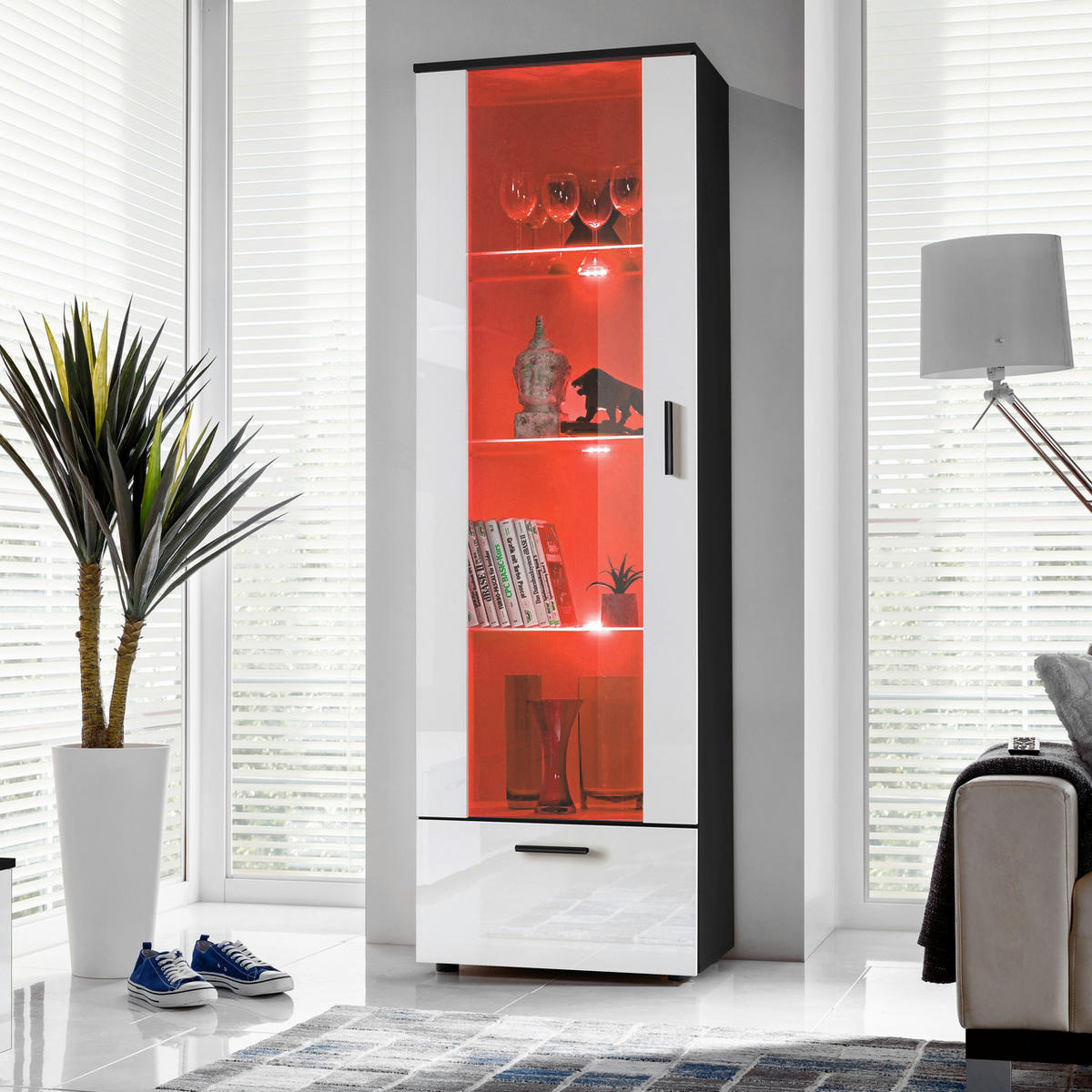 VITRINE ALESSANDRIA, Weiss, LED Mehrfarbige - Schwarz/Weiß, Glas/Holzwerkstoff (60/192/42cm) - Komodee
