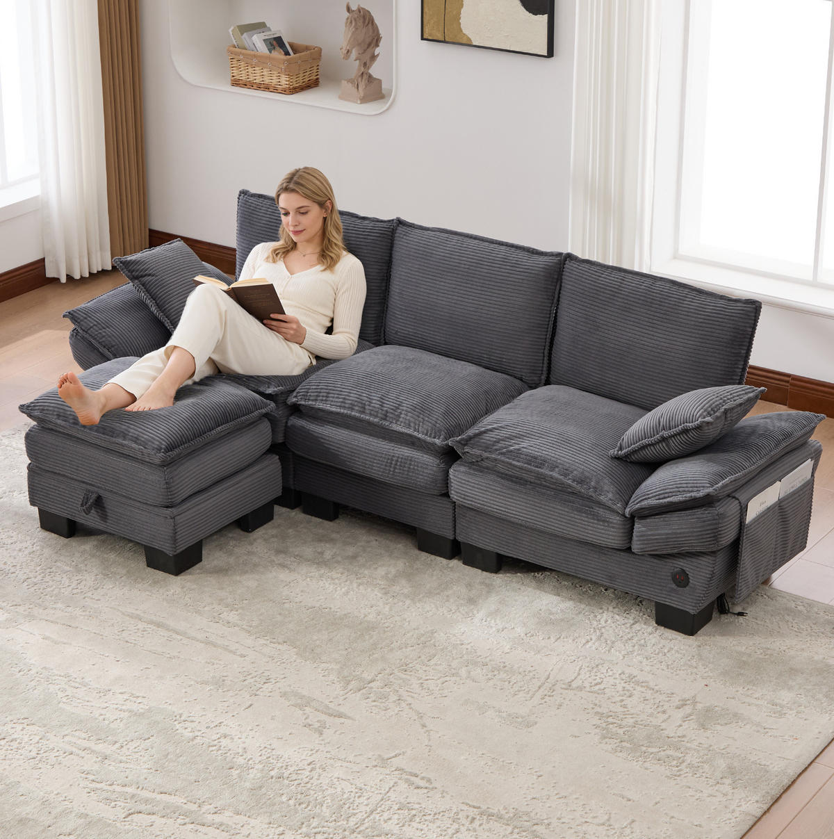 ECKSOFA aus Cord 260x132x84 cm in Dunkelgrau mit USB-C & Hocker - Dunkelgrau, Textil (132/260cm) - Modfu