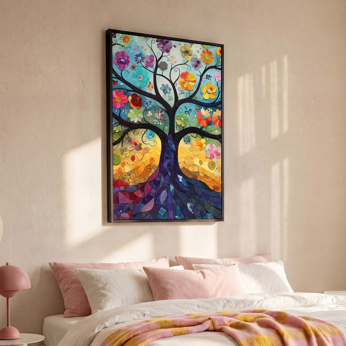 LEINWAND Bilder mit Rahmen - Kunst - Baum des Lebens - Blumen - Hippie - 100x150 - Dunkelblau, Textil (100/150cm) - MuchoWow