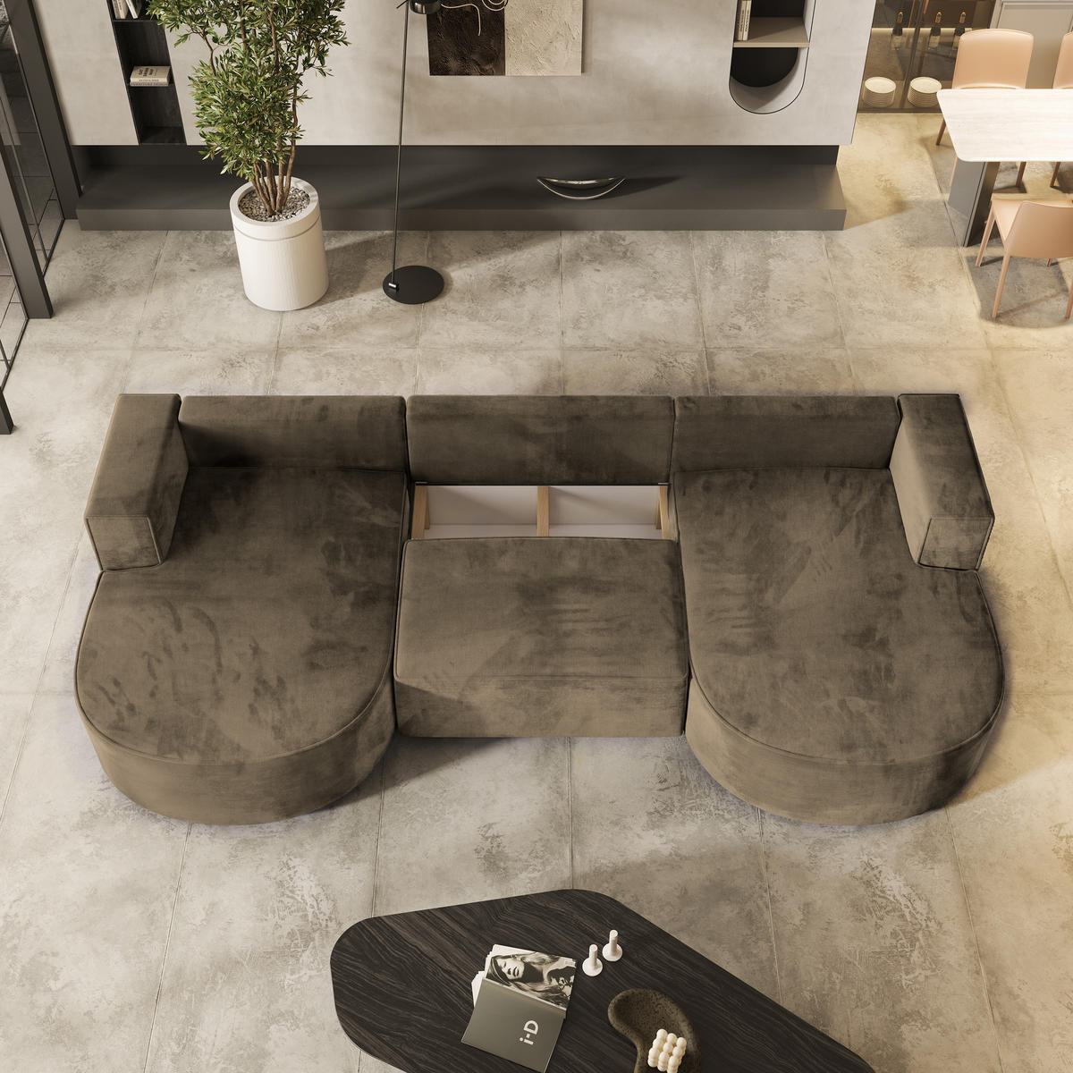 WOHNLANDSCHAFT VEZZO M Beige Velours-Stoff mit Schlaffunktion - Beige, Holz (347/85/174cm) - MASSENO