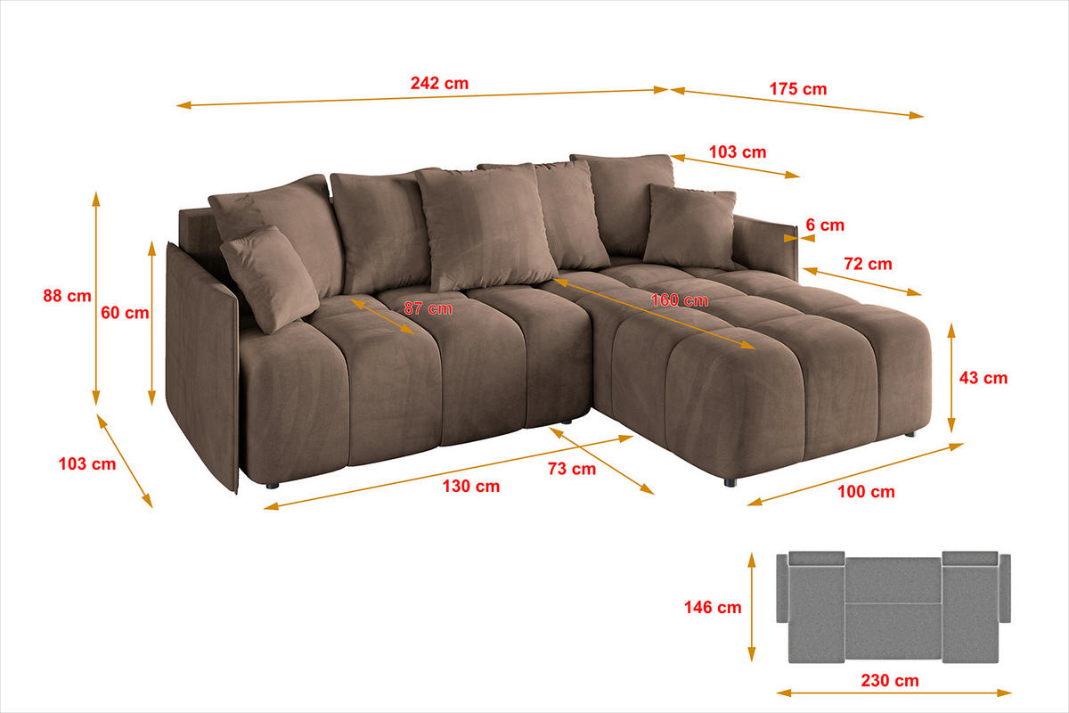 ECKSOFA mit Schlaffunktion und Bettkasten LONLI-L 242x175x88 Braun Velours - Braun, Holzwerkstoff/Kunststoff (242/175cm) - ALTDECOR