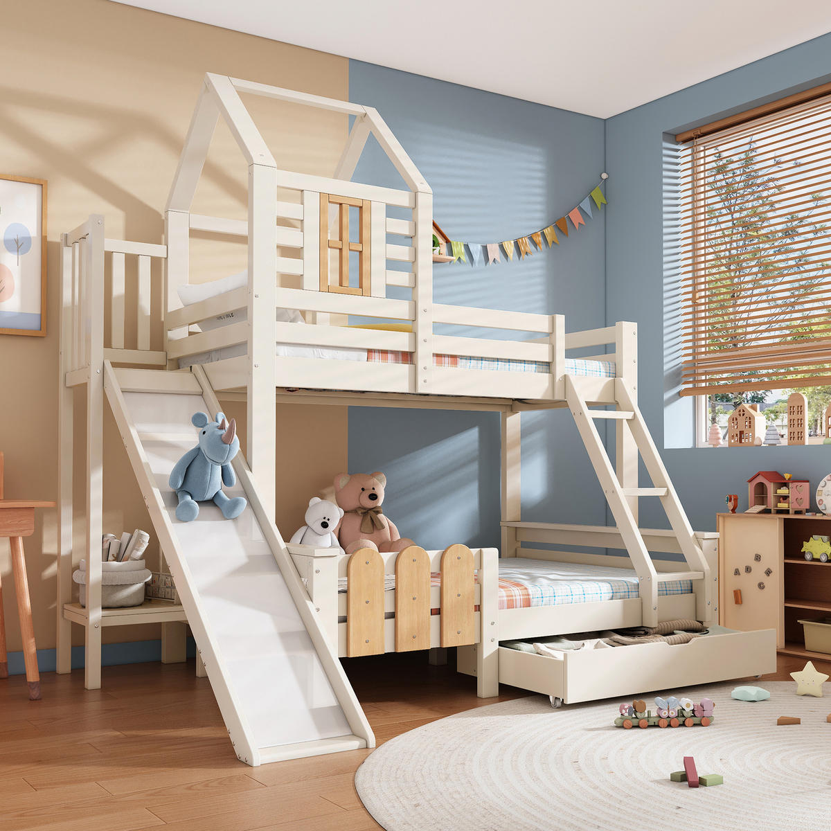 ETAGENBETT 90/200 cm Weiß aus Metall und Holz mit Rutsche Schublade und Leiter - Weiß, Metall (90/200cm) - OKWISH