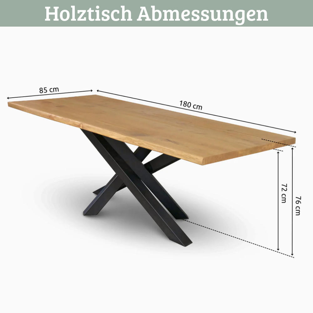 ESSTISCH Massivholz mit Baumkante RAGNAR 180x85 cm Eichenholz T-Spider Gestell - Braun, Holz/Metall (85/180/76cm) - DELUKE