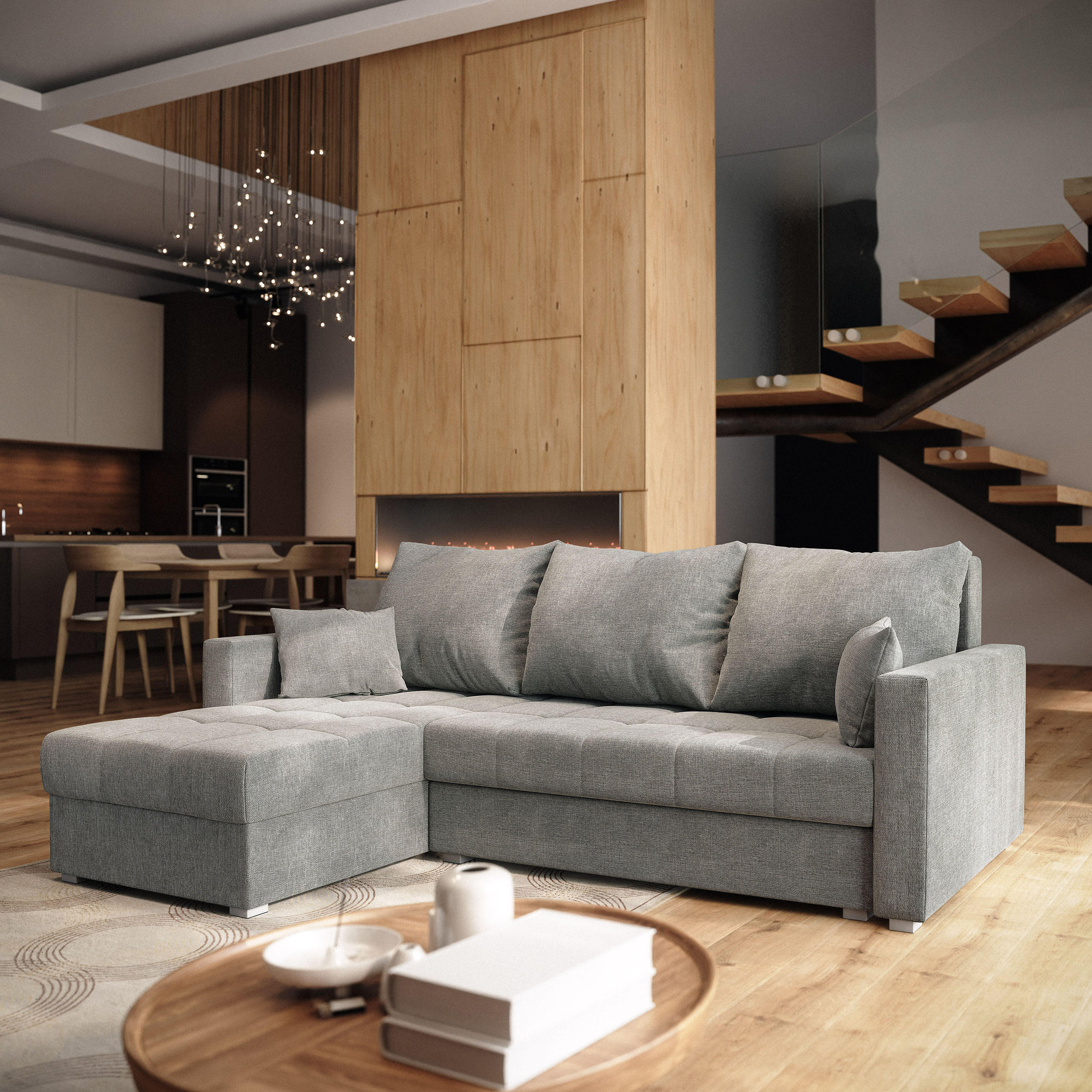 ECKSOFA NIDA Hellgrau Geflochtener Stoff mit Schlaffunktion - Hellgrau, Holz (220/143cm) - MASSENO