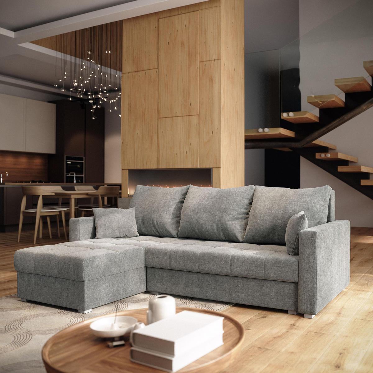 ECKSOFA NIDA Hellgrau Geflochtener Stoff mit Schlaffunktion - Hellgrau, Holz (220/143cm) - MASSENO