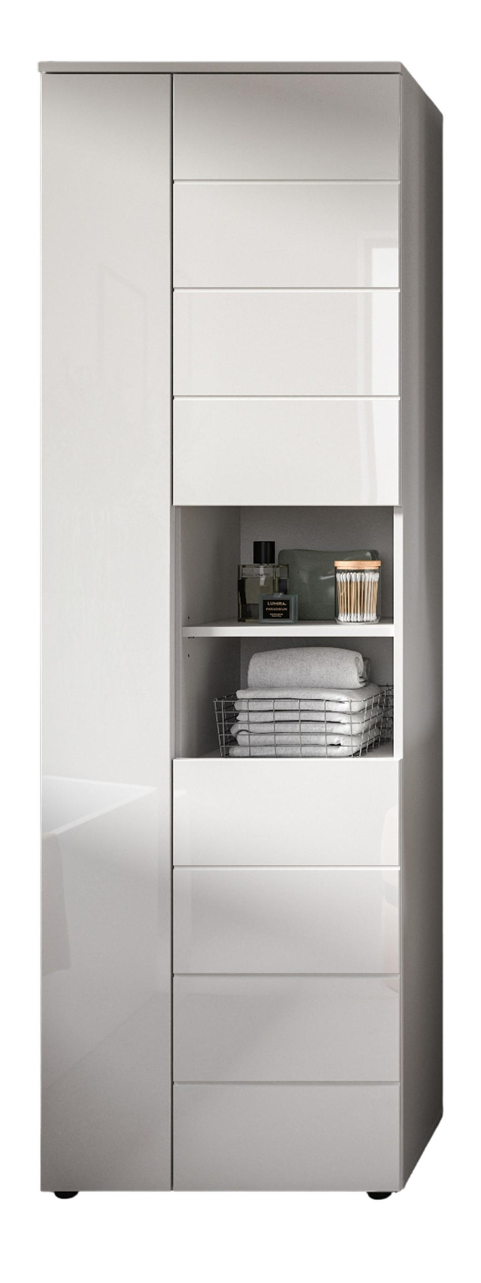 BADSCHRANK weiß Hochglanz 60 x 190 cm, Hochschrank mit 11 Fächern - Weiß Hochglanz/Schwarz, Holzwerkstoff/Kunststoff (60/190/34cm) - Inn.Furn