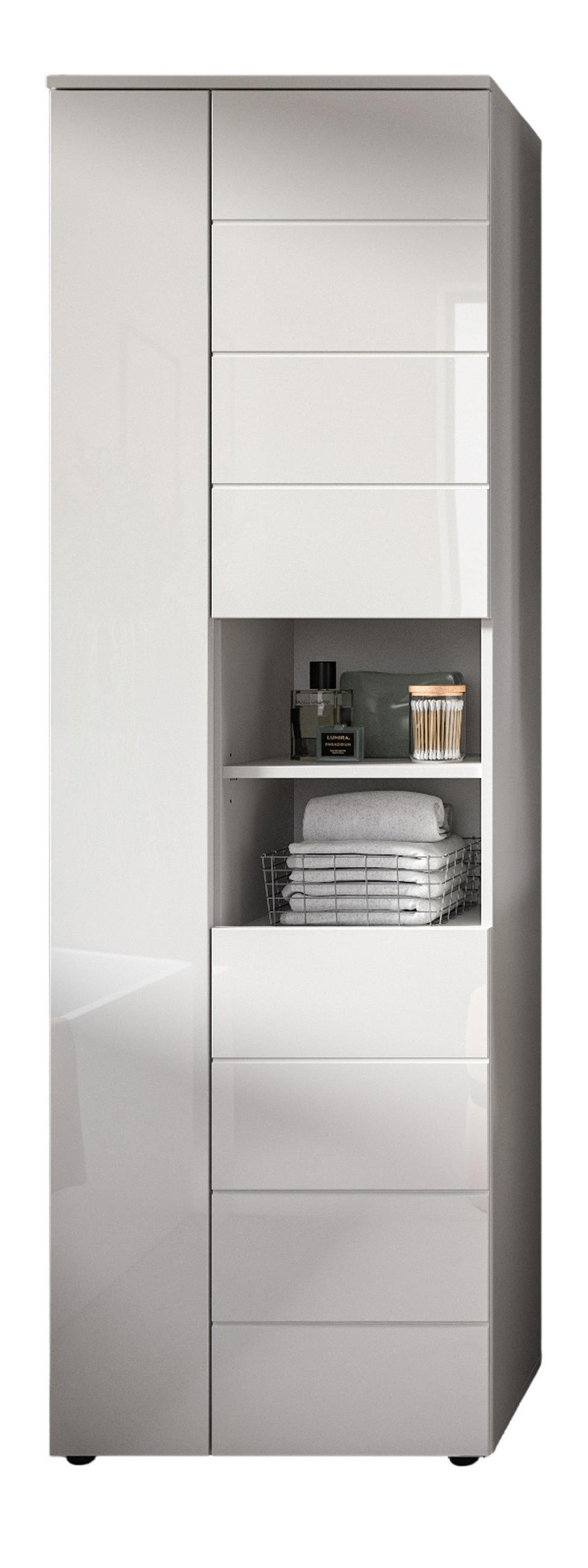 BADSCHRANK weiß Hochglanz 60 x 190 cm, Hochschrank mit 11 Fächern - Weiß Hochglanz/Schwarz, Holzwerkstoff/Kunststoff (60/190/34cm) - Inn.Furn