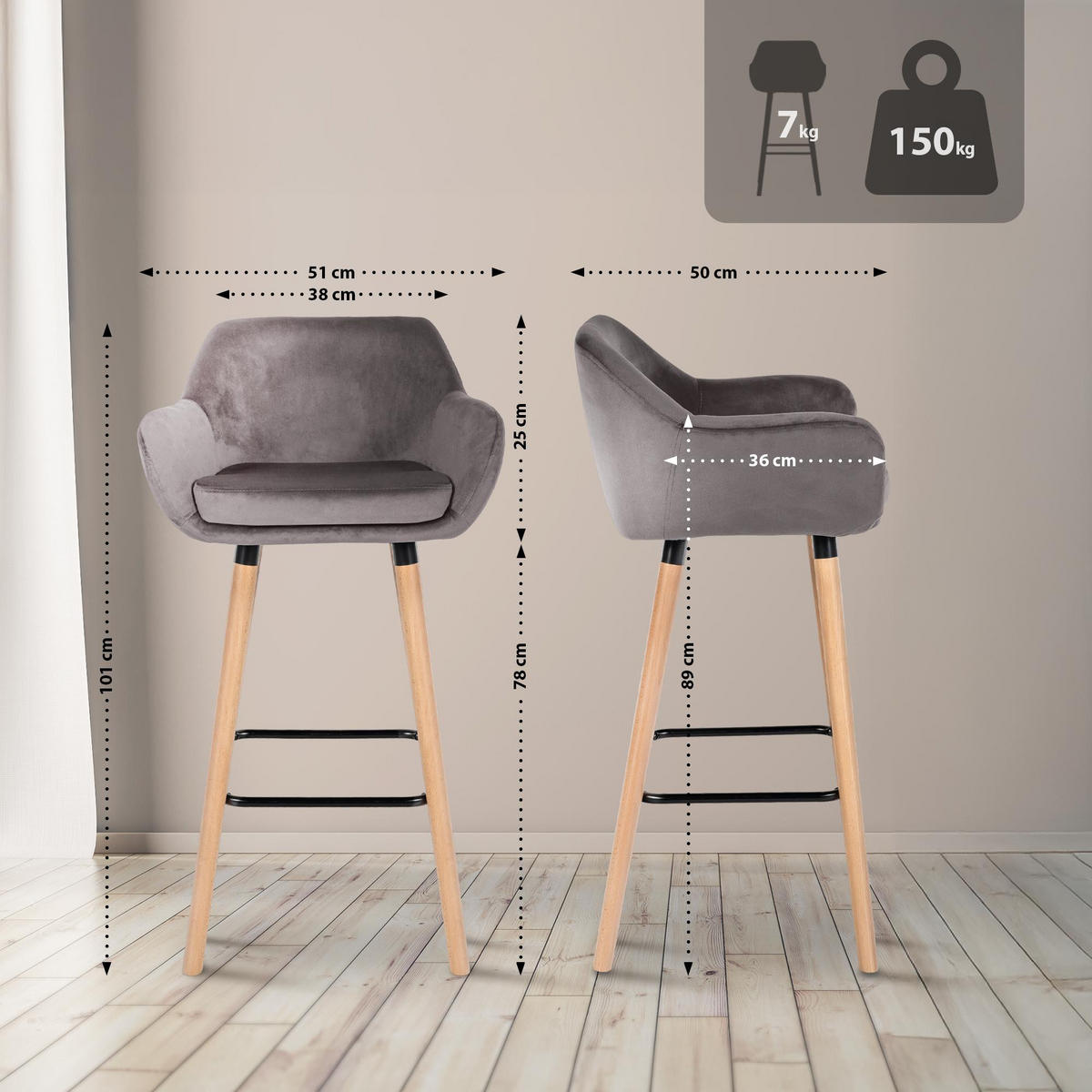 BARHOCKER 2er Set Samt Grau - Eukalyptusholzfarben/Grau, Holz/Textil (51/101/50cm) - CLP