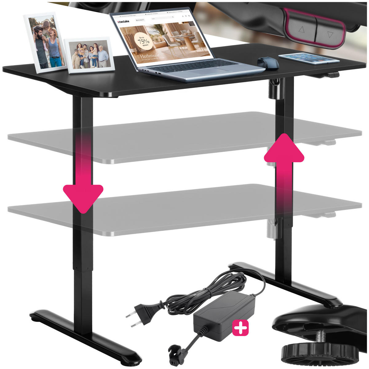 SCHREIBTISCH elektrisch höhenverstellbar Skadi, 120 x 60 x 73, 5 - 118 cm, schwarz - Schwarz, Textil (60/120/118cm) - tectake