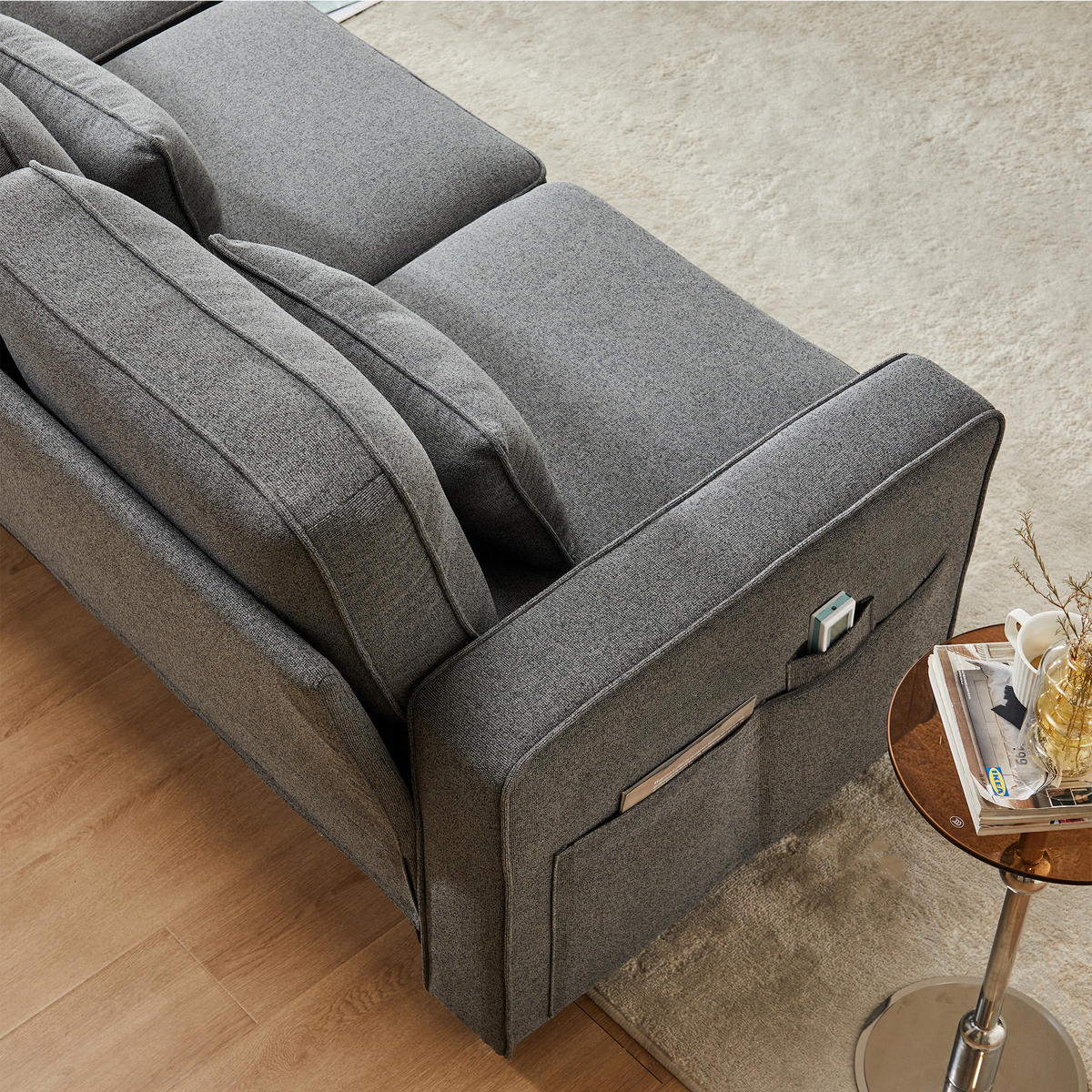 4-SITZER-SOFA Mit Leinenarmlehnen Und 4 Kissen Grau 264/83/87 cm - Grau, Holzwerkstoff/Metall (83/87/264cm) - Urban Meuble