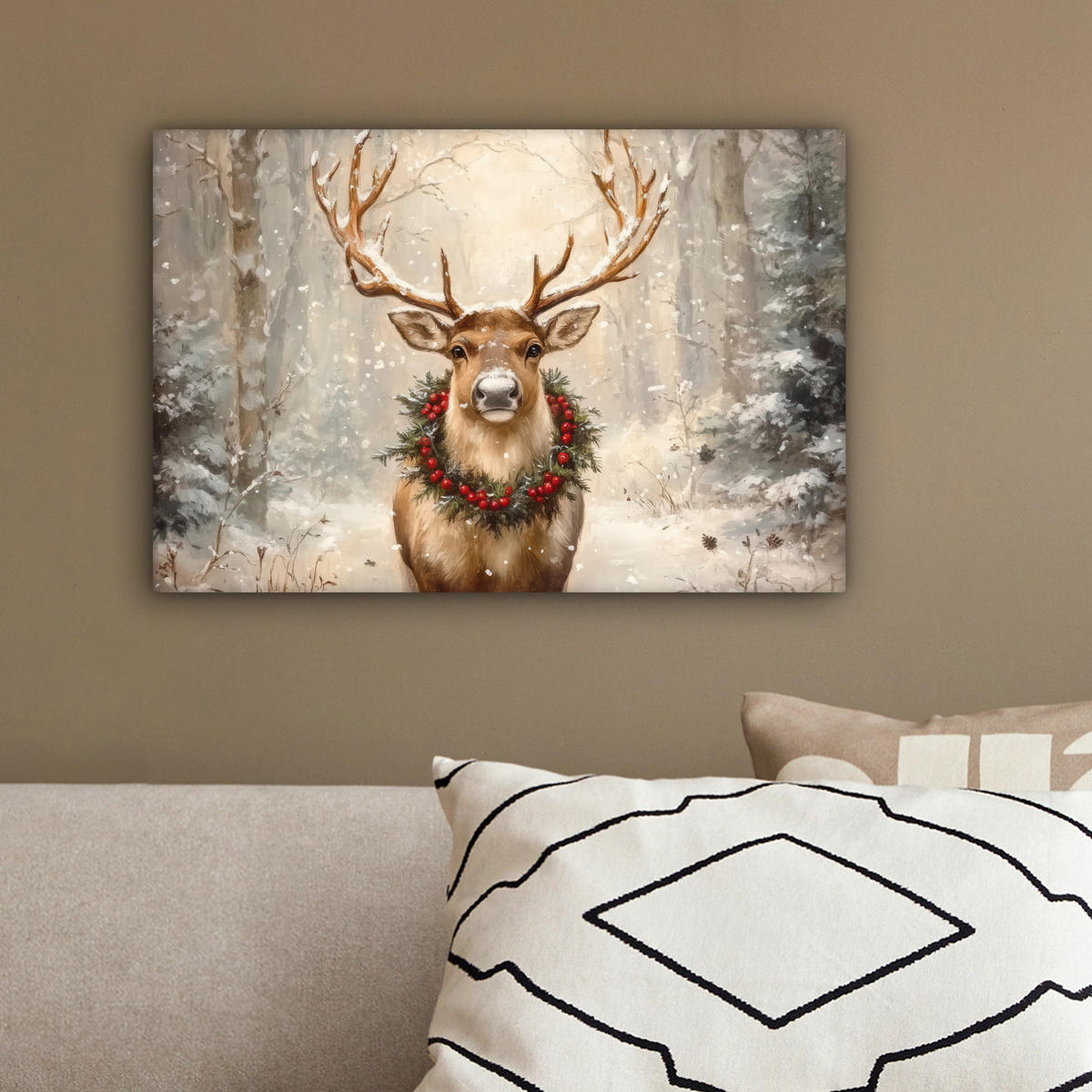 LEINWANDBILD Weihnachten - Rentier - Winter - Kranz 30x20 cm - Naturfarben, Textil (30/20cm) - MuchoWow