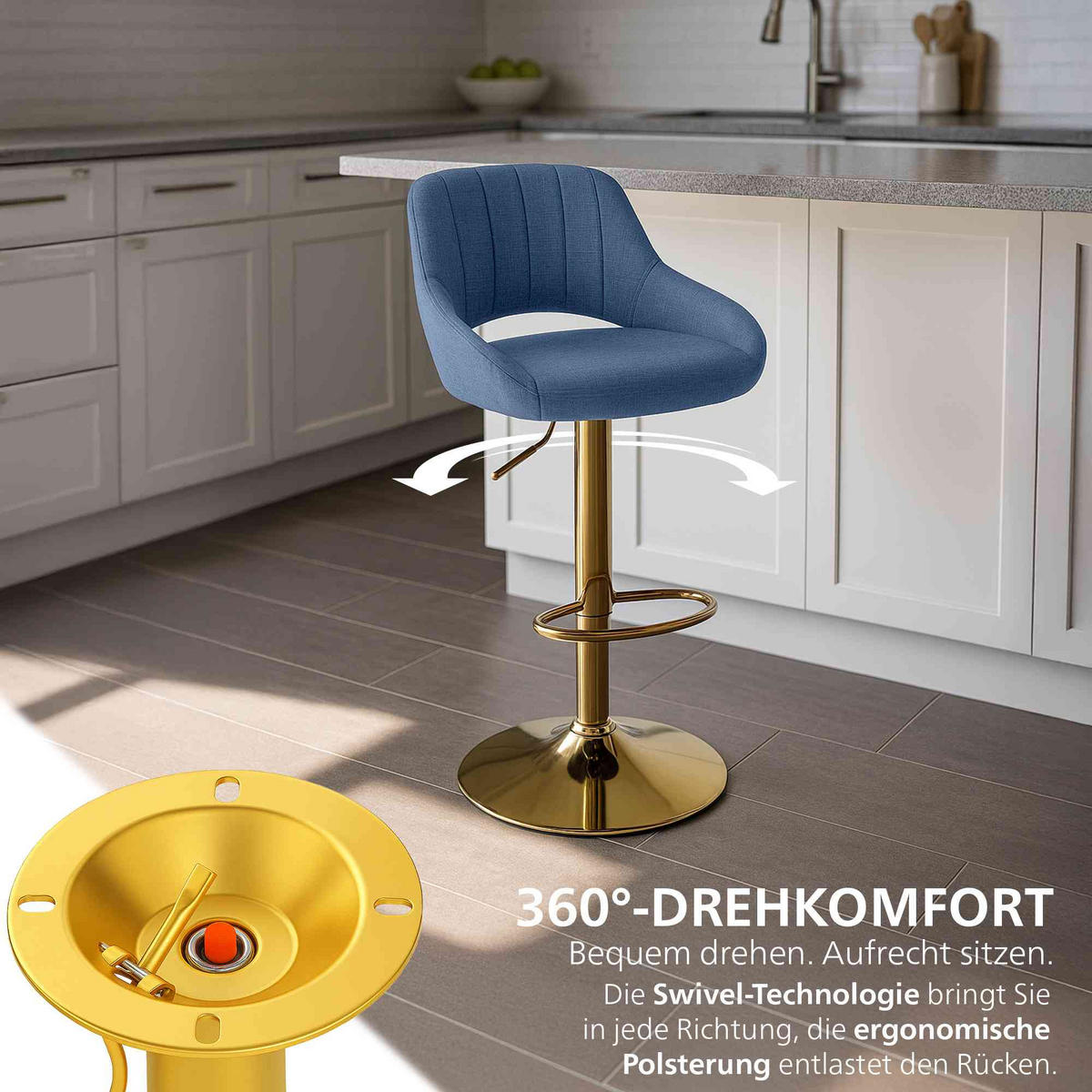 BARHOCKER Stoff Blau - Blau/Goldfarben, Textil/Metall (47/85/48cm) - CLP