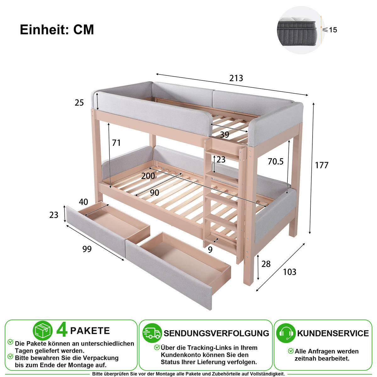 ETAGENBETT 90/200 cm in Grau & Natur mit 2 Schubladen und gerader Treppe - Naturfarben/Grau, Holz/Holzwerkstoff (90/200cm) - CHICFURN