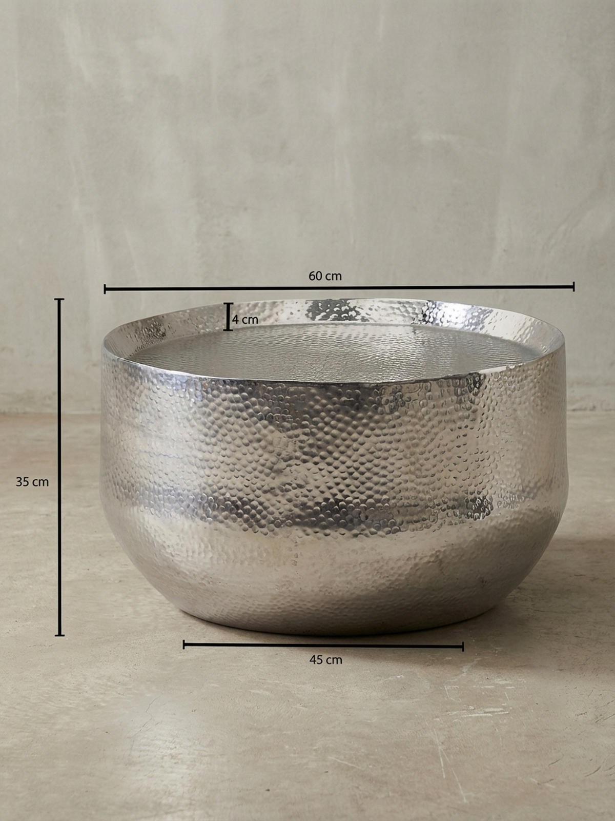 COUCHTISCH Orientalisch mit Hammerschlag-Struktur aus Aluminium und hohler Bauweise, Silber 60x60x35 cm - Silberfarben, Metall (60/60/35cm) - KADIMA DESIGN