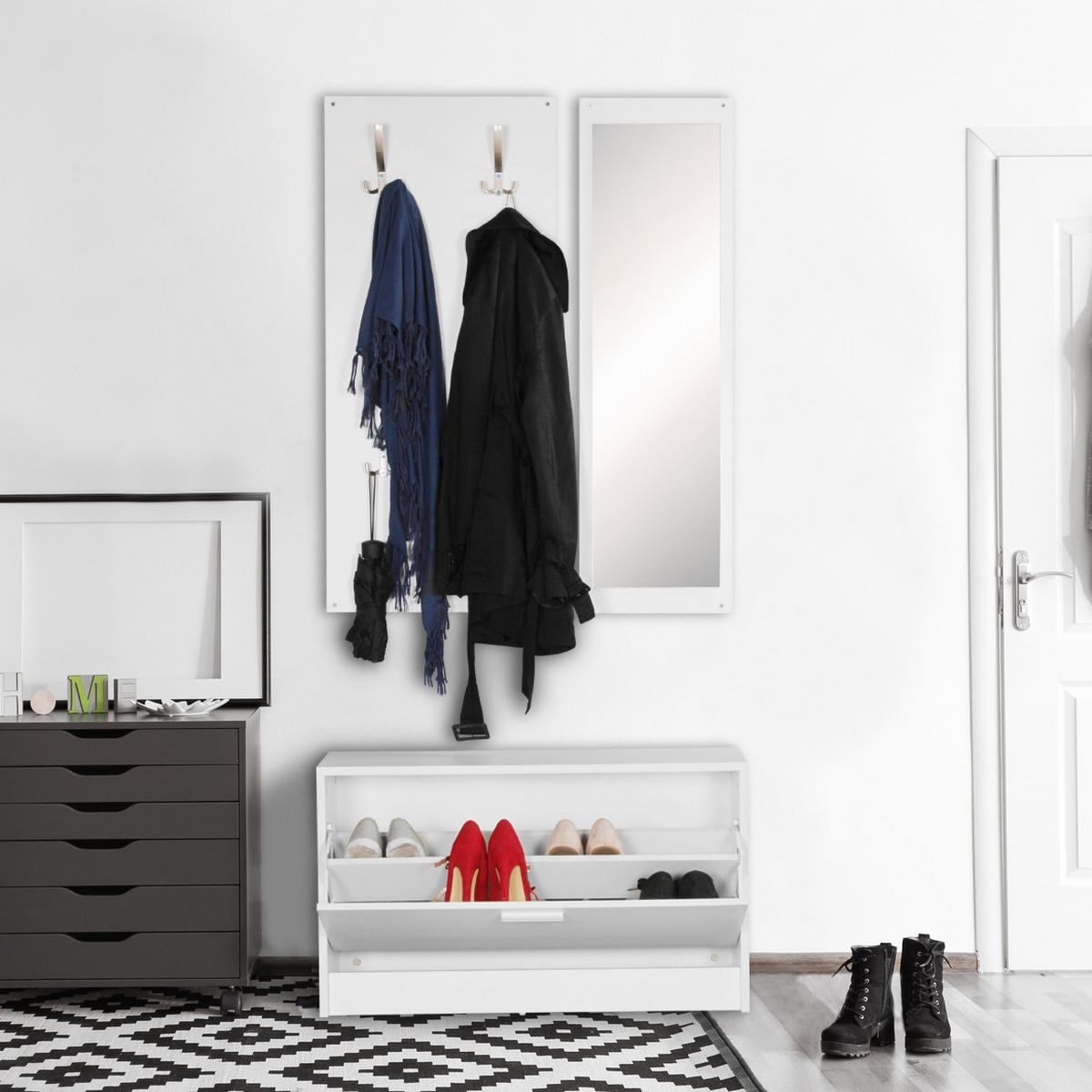 WANDGARDEROBE mit Spiegel, 10 Haken und Platz für 8 Paar Schuhe DELFT, Weiß 80x27x180 cm - Weiß, Holz (80/180/27cm) - KADIMA DESIGN