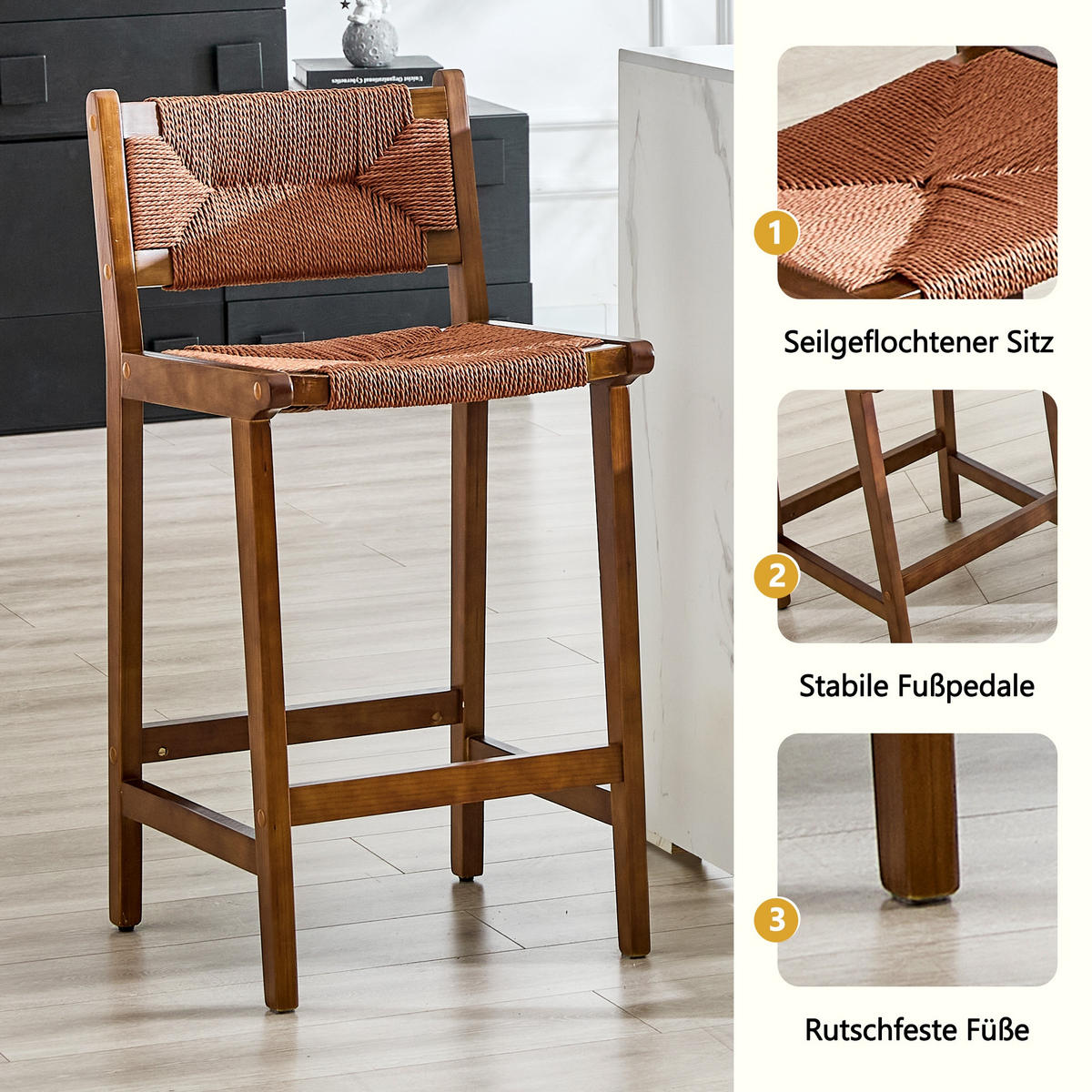 BARHOCKER Walnuss 2er-Set aus Massivholz mit Rückenlehne und Seilgeflecht - Walnussfarben, Holz (44/89/42cm) - PANGIVO