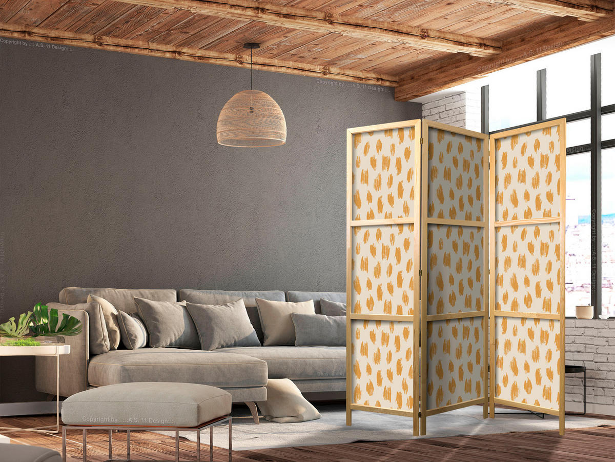 PARAVÁN Japonský 3-dielny 135x172 cm Béžová Abstrakcia - oranžová, drevo/textil (135/172/3cm) - Muralo