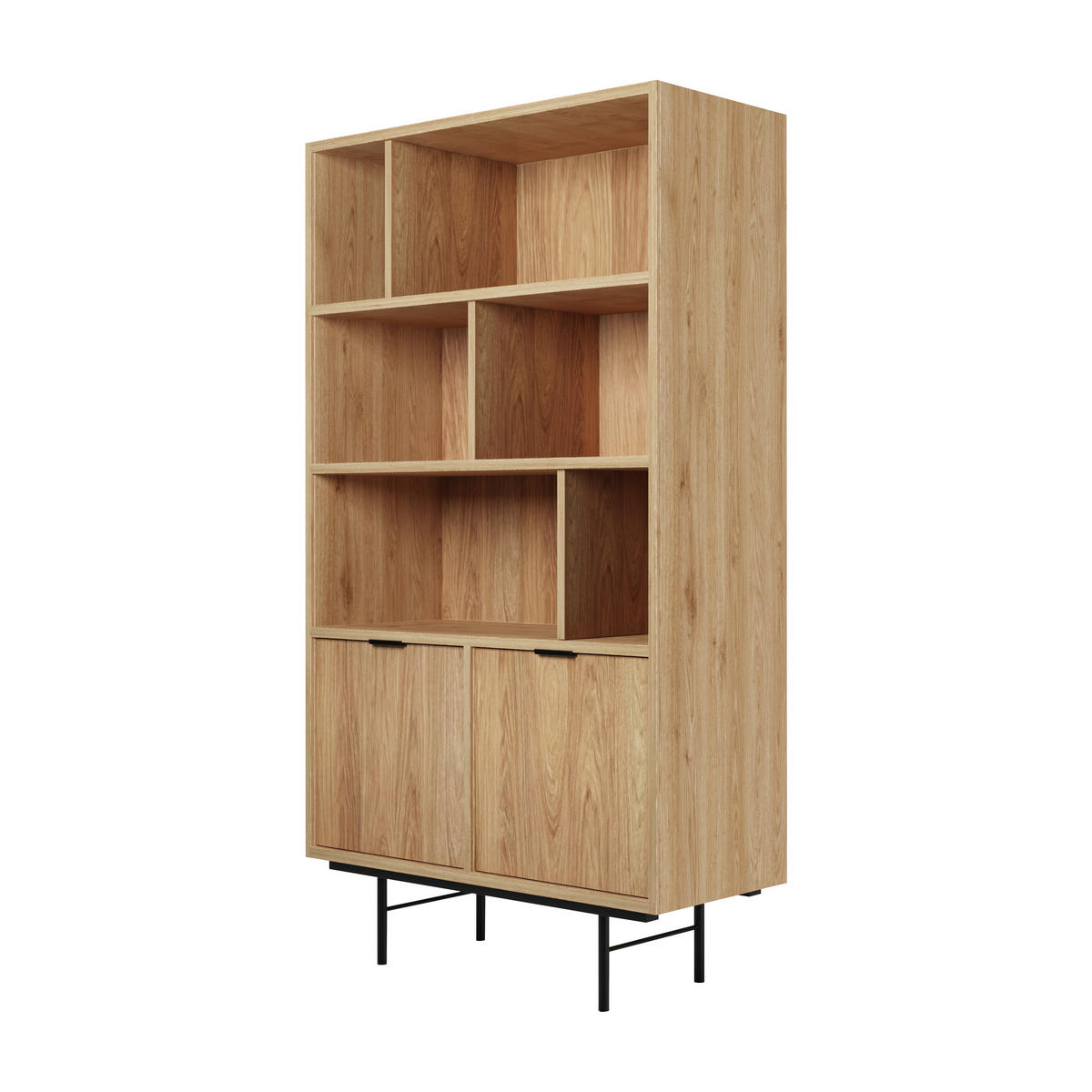 WOHNWAND Evron 2-teilig Bücherregal 90 cm + TV-Board 200 cm, Hikora Eiche - Eichefarben/Schwarz, Holzwerkstoff/Metall (200/185/35cm) - Beautysofa
