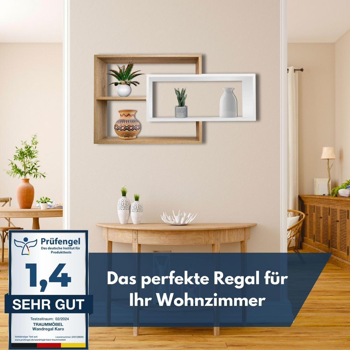 SCHWEBEREGAL KARO Natur/Weiß - Eichefarben/Naturfarben, Holzwerkstoff (20/59/104cm) - Mein-Regal