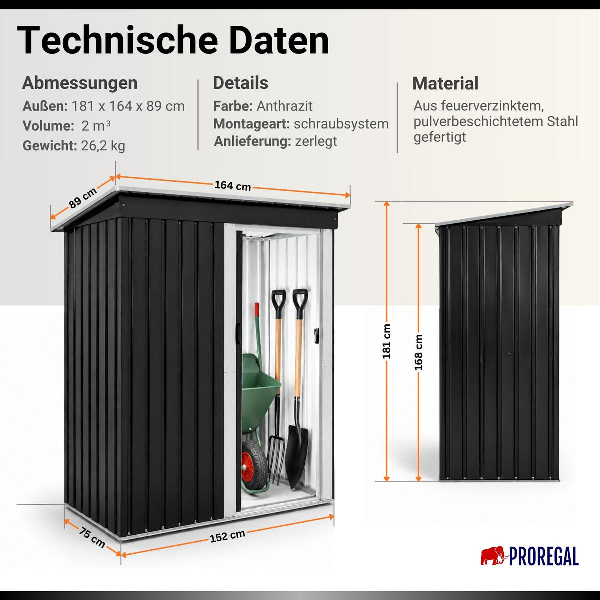 GARTENHAUS Eden Metall 2m3 Anthrazit Gerätehaus - Anthrazit, Metall (164/181/89cm) - PROREGAL