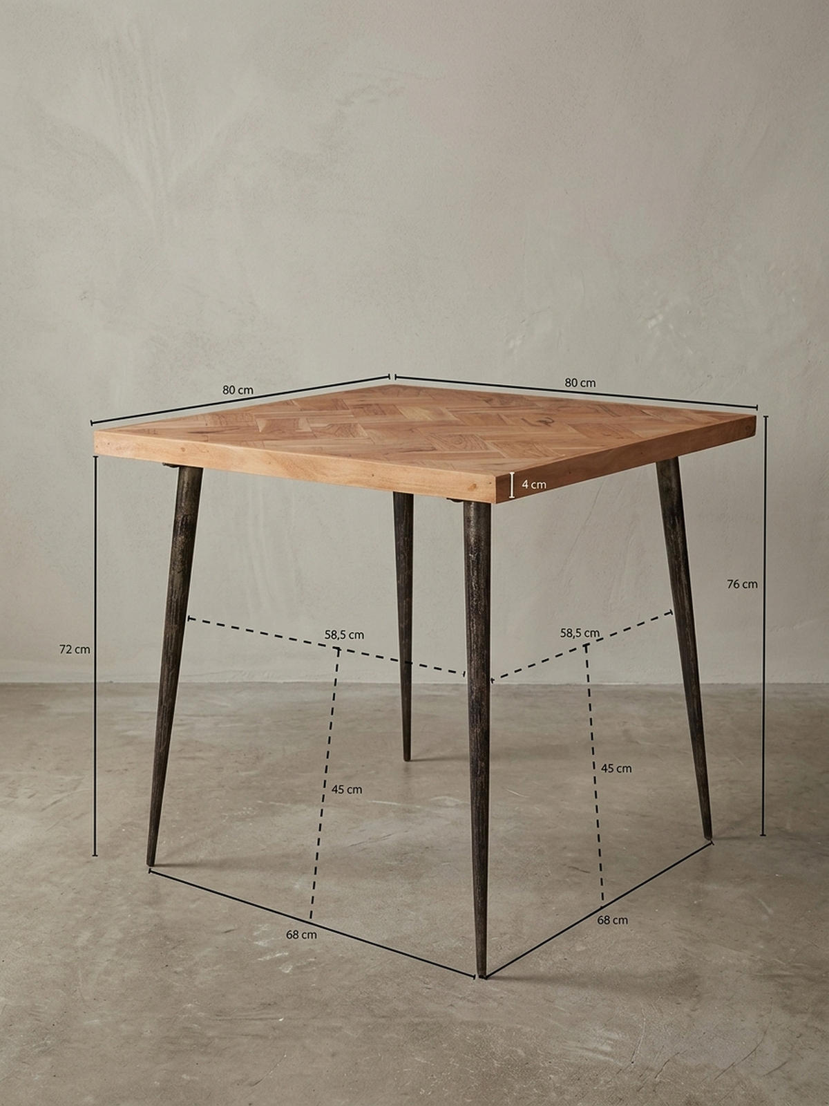 ESSZIMMERTISCH – Akazie Fischgrätmuster Metallbeine 80x80 cm Industrial - Beige/Anthrazit, Holz/Metall (80/80/76cm) - KADIMA DESIGN