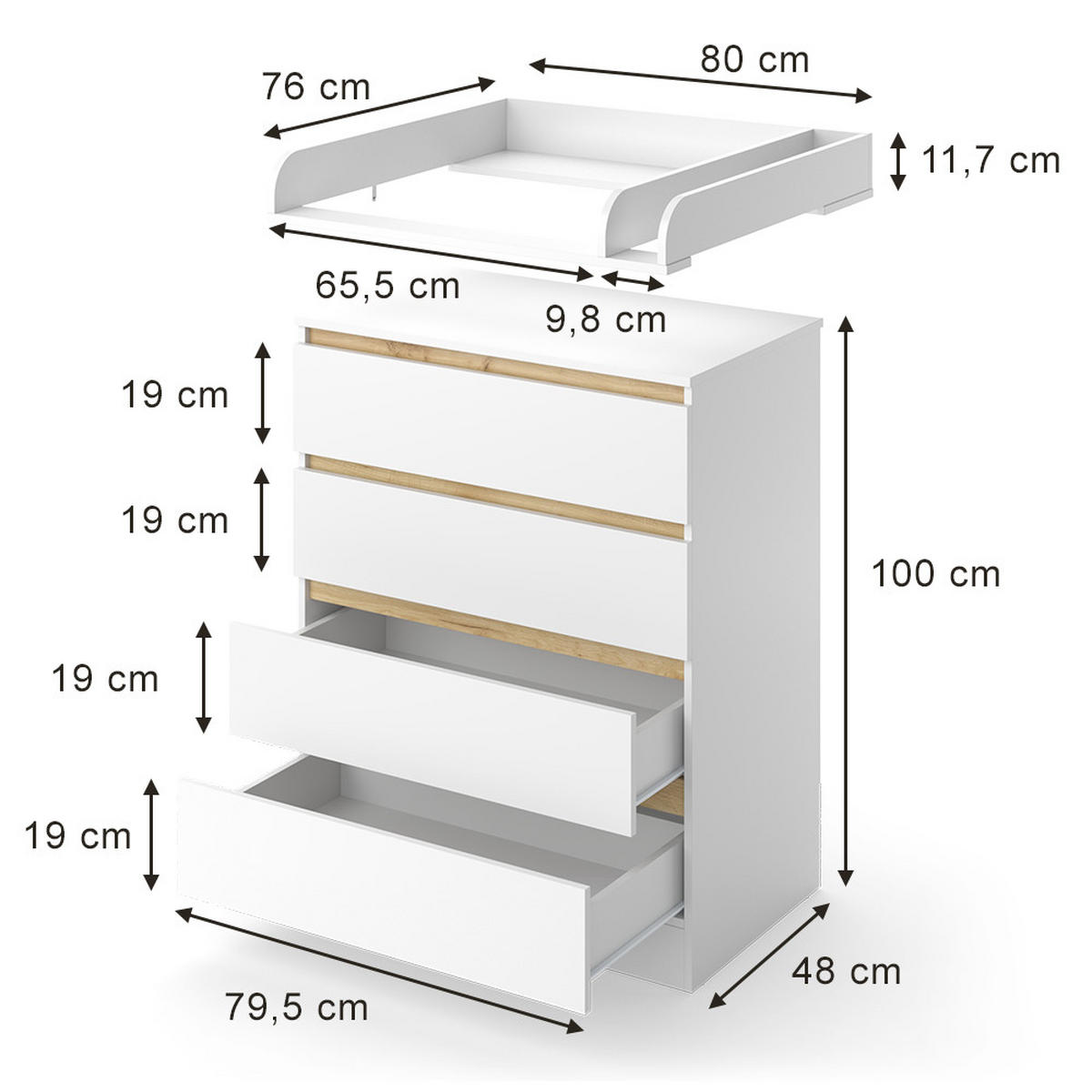 WICKELKOMMODE Emmi, Weiß/Goldkraft Eiche, 80 x 111.7 cm mit 4 Schubladen - Honigeiche/Weiß, Holzwerkstoff (80/111.7/76cm) - VitaliSpa