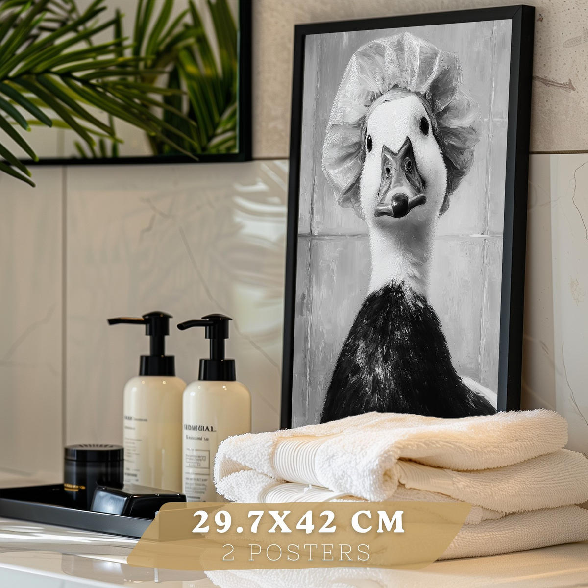 PLAKÁT Sada 2 zábavných černobílých potisků zvířat do koupelny, vtipný PLAKÁT na toaletu, koupelnu, umyvadlo, moderní styl Černý rám A3 - černá, papír (42/29.7/3cm) - Nacnic
