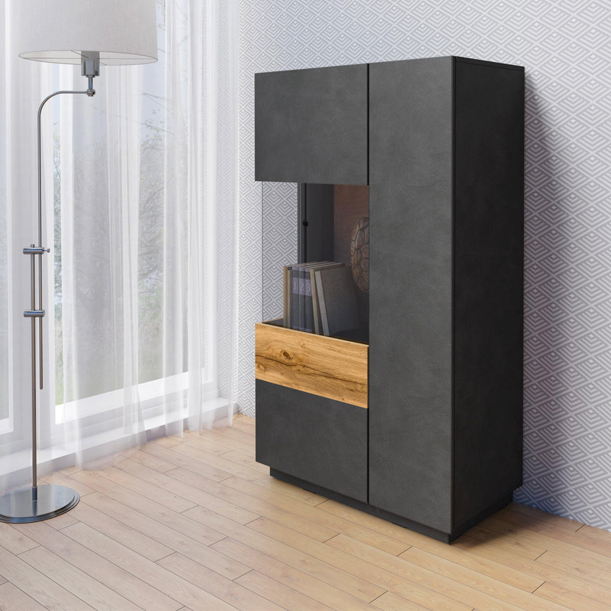 GESCHIRRSCHRANK Andrea Anthrazitgrau und Holz - Grau, Holzwerkstoff (80/139/40cm) - Petits-meubles