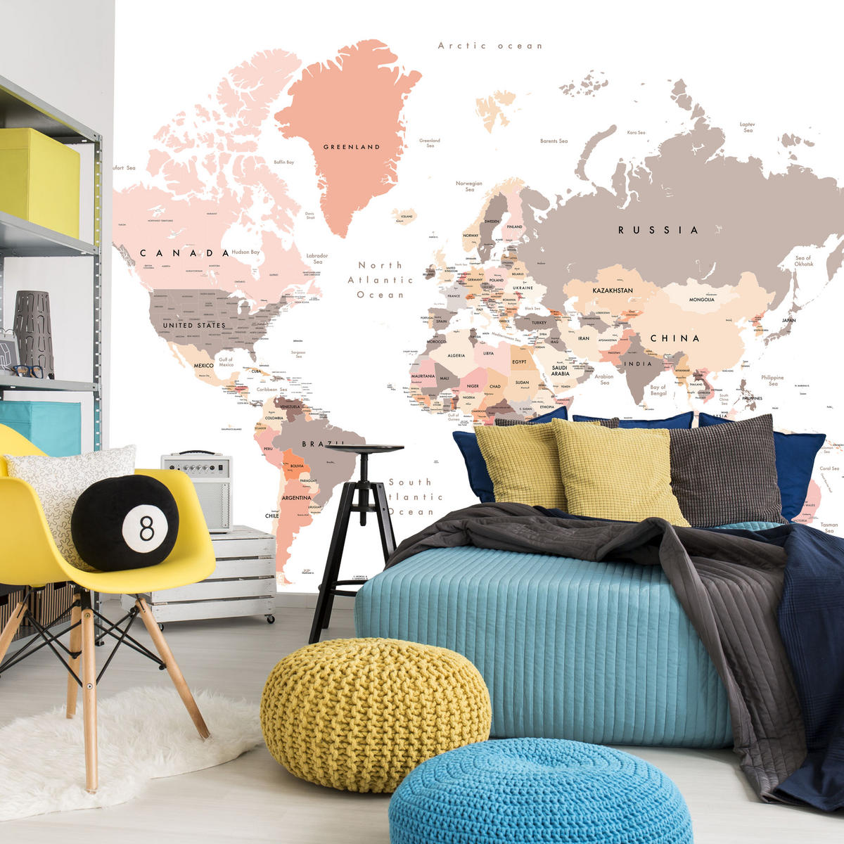 FOTOTAPETE für Büro Pastell Weltkarte Kontinente Ozean Länder 450x315 - Beige/Schwarz, Papier (450/315cm) - Muralo