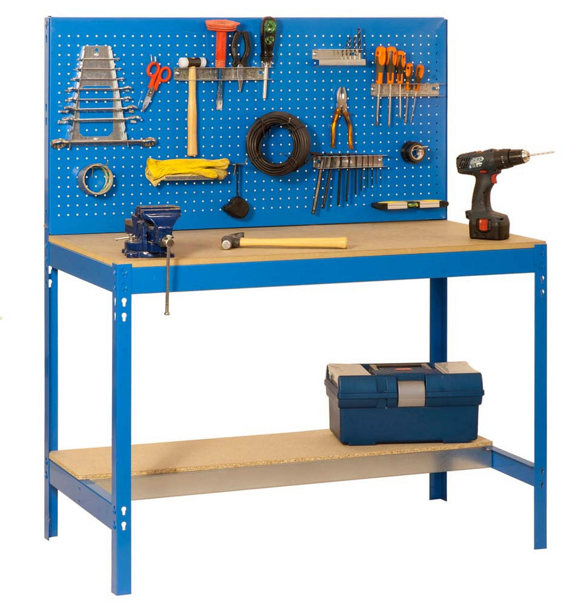 WERKBANK BUFFALO mit Werkzeugwand | HxBxT 84x120x61cm | Traglast 600kg | Blau - Blau, Metall (120/84/61cm) - PROREGAL