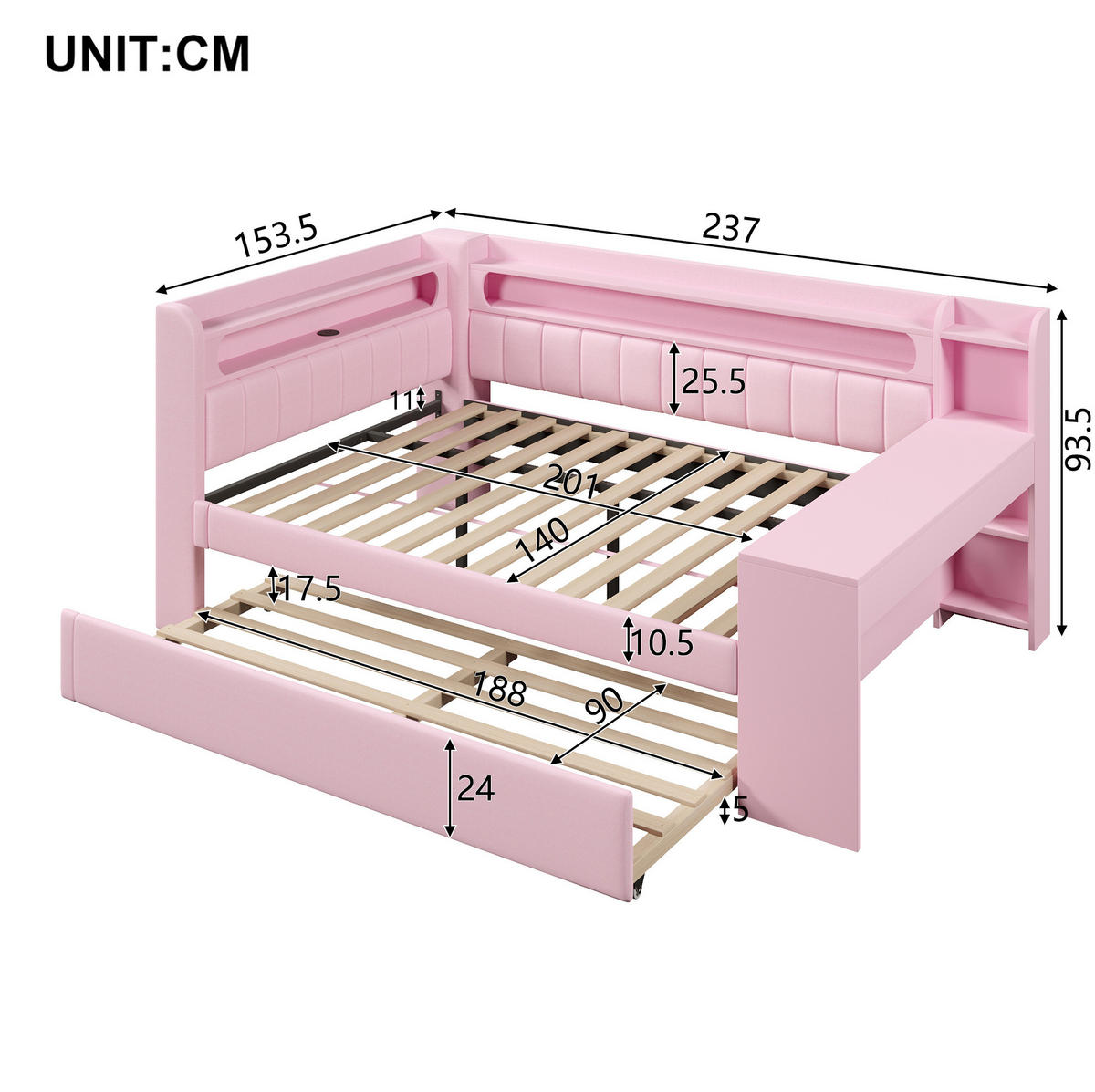 POLSTERBETT 140/200 cm Rosa aus MDF, Sperrholz und Leinen mit Ausziehbett, LED und USB - Rosa, Holzwerkstoff (140/200cm) - OKMYHOME