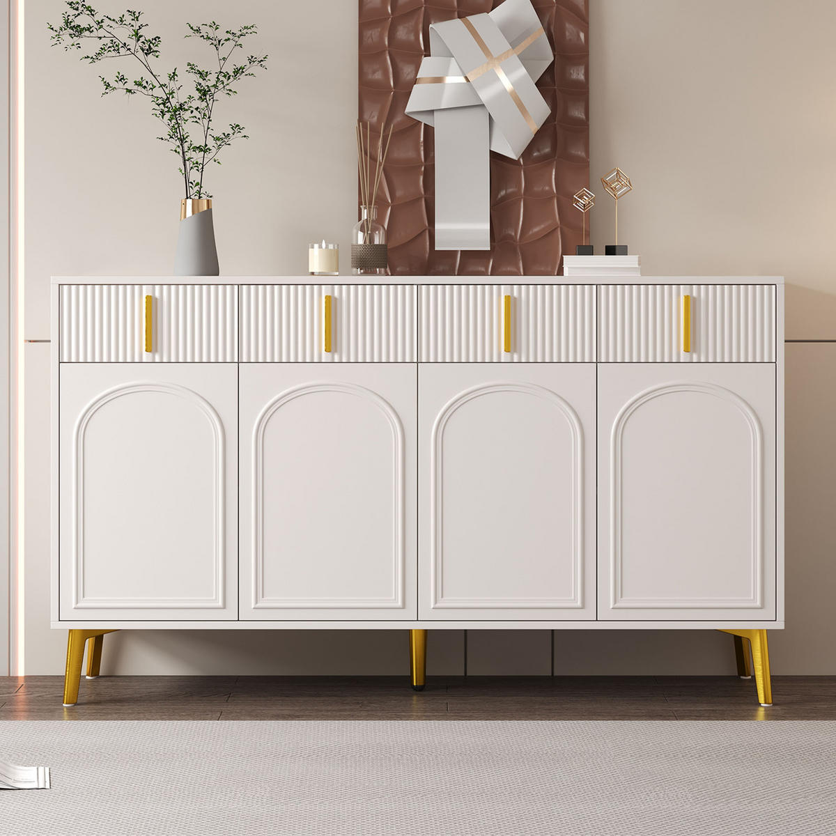 SIDEBOARD aus weißem MDF mit Melamin, 4 Türen und 4 Schubladen, goldene Griffe und Beine, 140/38/82 cm, Weiß - Weiß, Holzwerkstoff (140/82/38cm) - Redom