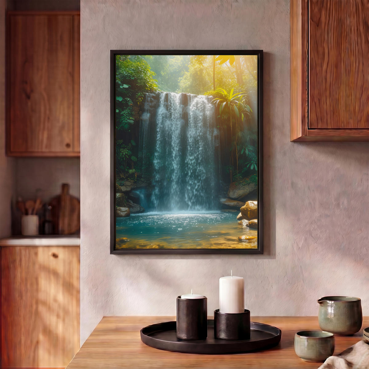 LEINWAND Bilder mit Rahmen - Wasserfall - Dschungel - Sonne - Grün - Natur - 30x40 - Grün, Textil (30/40cm) - MuchoWow