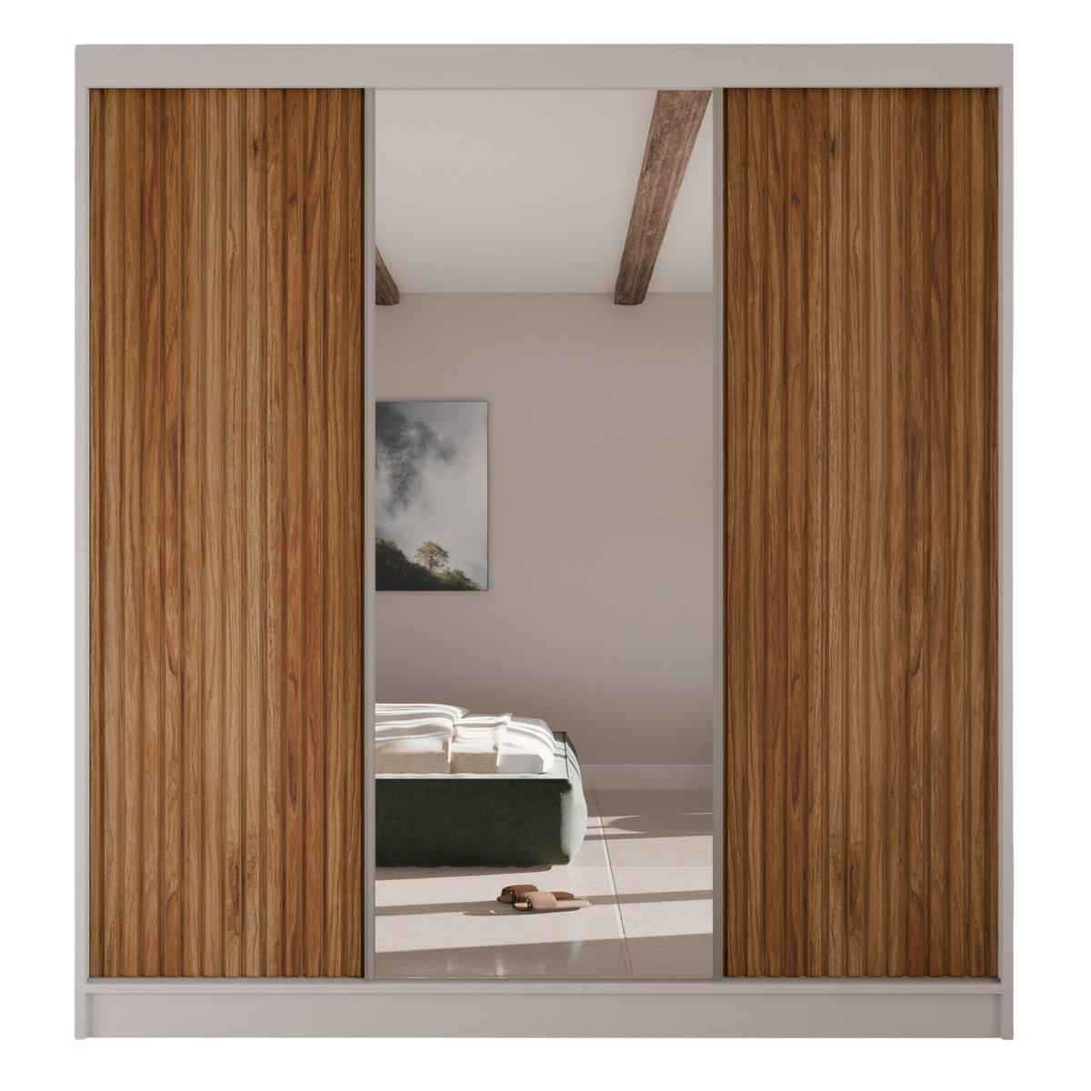 SCHWEBETÜRENSCHRANK Rafi mit Spiegel und mit geriffelten Fronten, 200 cm, Weiß+eichefarben - Eichefarben/Weiß, Holzwerkstoff (200/215/61cm) - AN-Moebel 4u