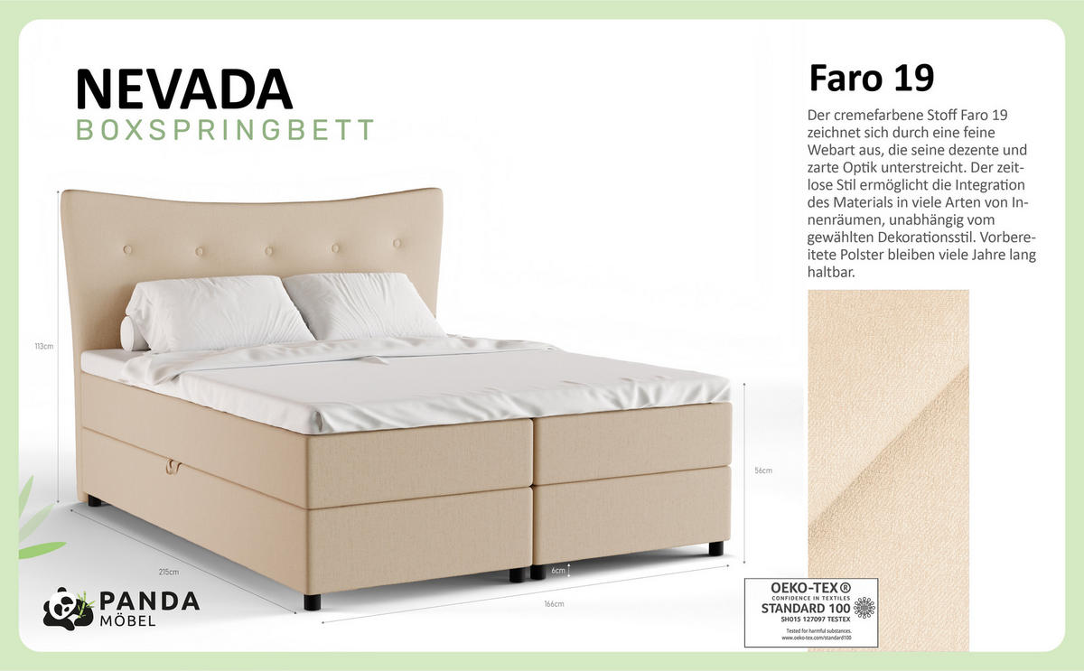 BOXBETT Nevada 160 x 200 cm Doppelbett mit hochwertiger Bonell-Matratze und Topper - beige - Beige, Holz (160/200cm) - Panda Möbel