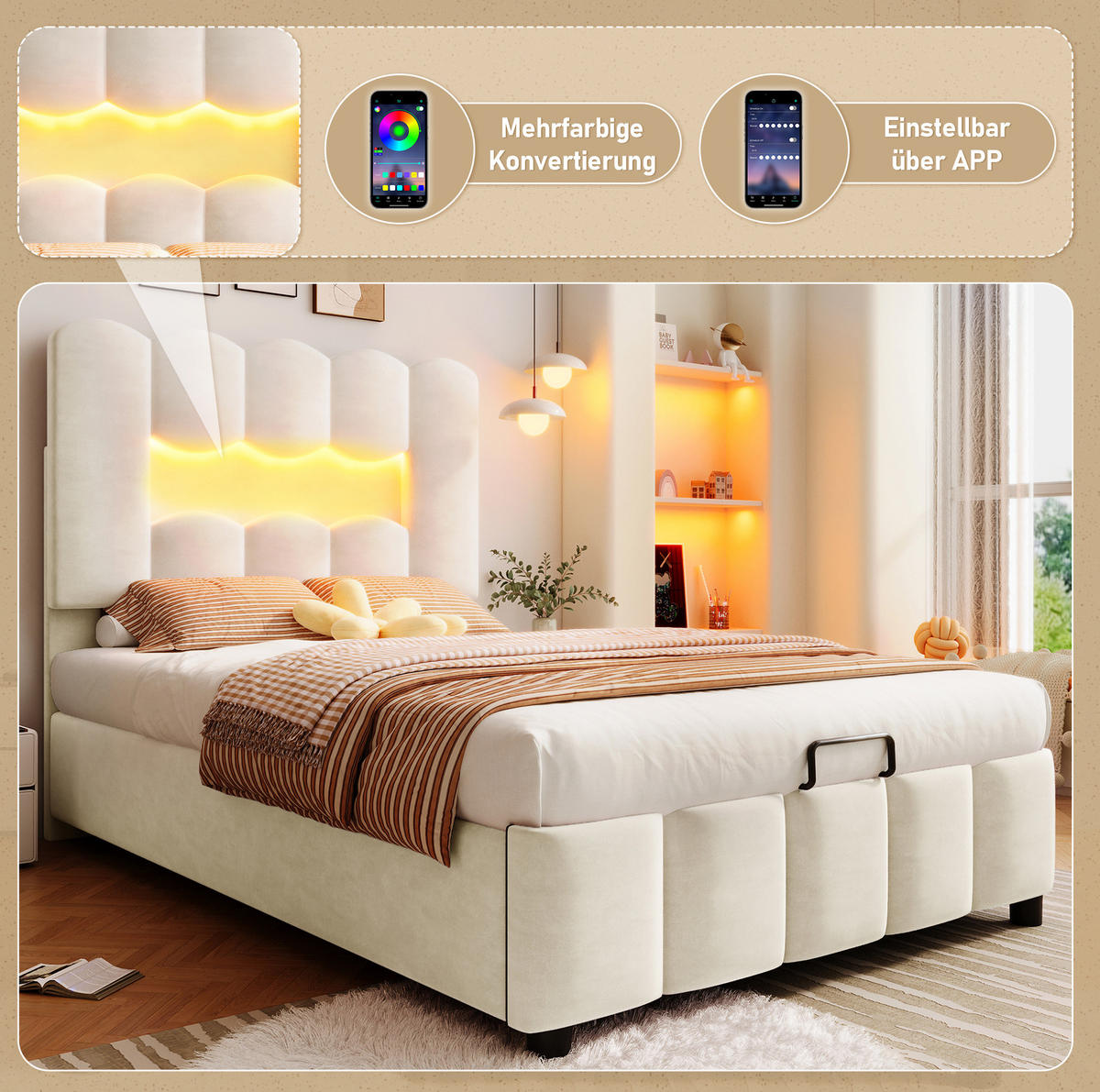 POLSTERBETT 90/200 cm in Beige mit Stauraum und LED-Beleuchtung - Beige, Textil (90/200cm) - Flora Grace