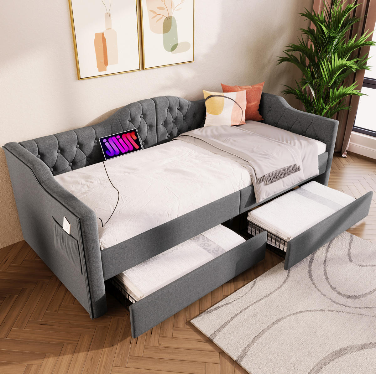 POLSTERBETT 90/200 cm mit 2 Schubladen, USB/Type-C & getufteter Lehne, Grau - Grau, Textil (90/200cm) - Redom