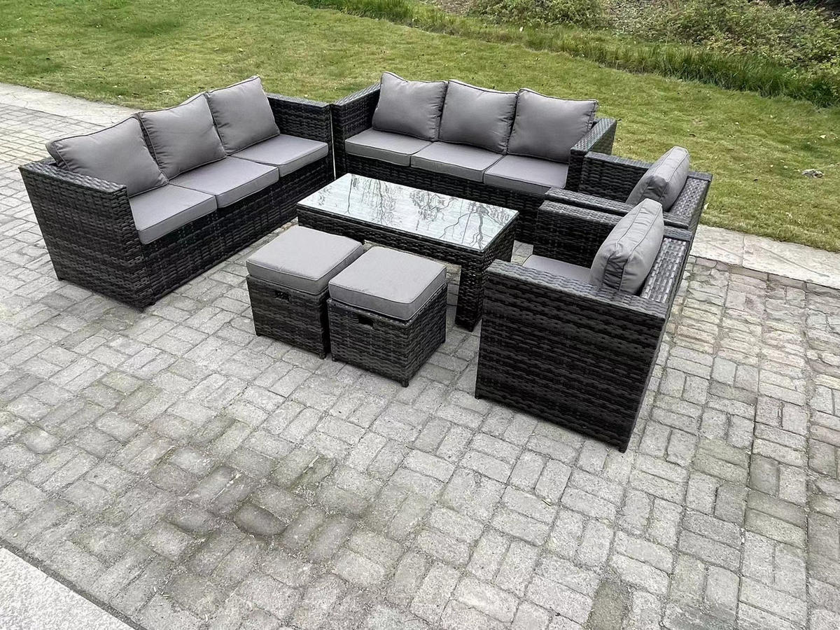 GARTENTISCHGRUPPE Polyrattan 10-Sitzer - Dunkelgrau/Grau, Glas/Kunststoff - Fimous