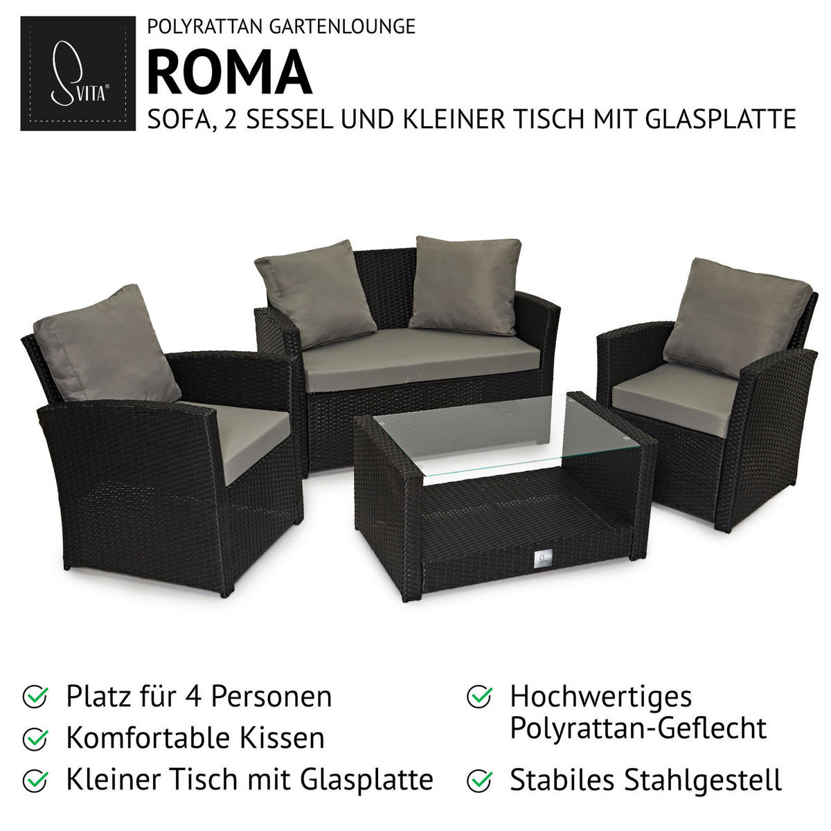 SITZGRUPPE ROMA Schwarz - Schwarz/Grau, Kunststoff - SVITA