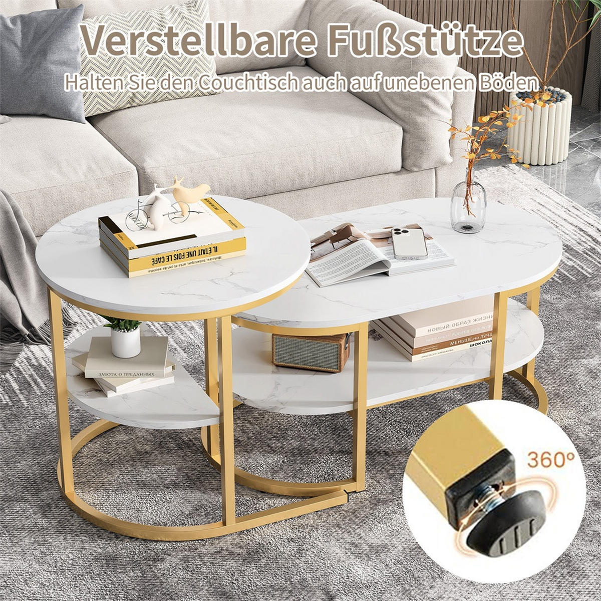 COUCHTISCH 2er-Set - Ovaler und Runder Couchtisch in Marmoroptik mit Ablage - Weiß und Gold - Goldfarben, Holzwerkstoff (46/80/41cm) - DELFA