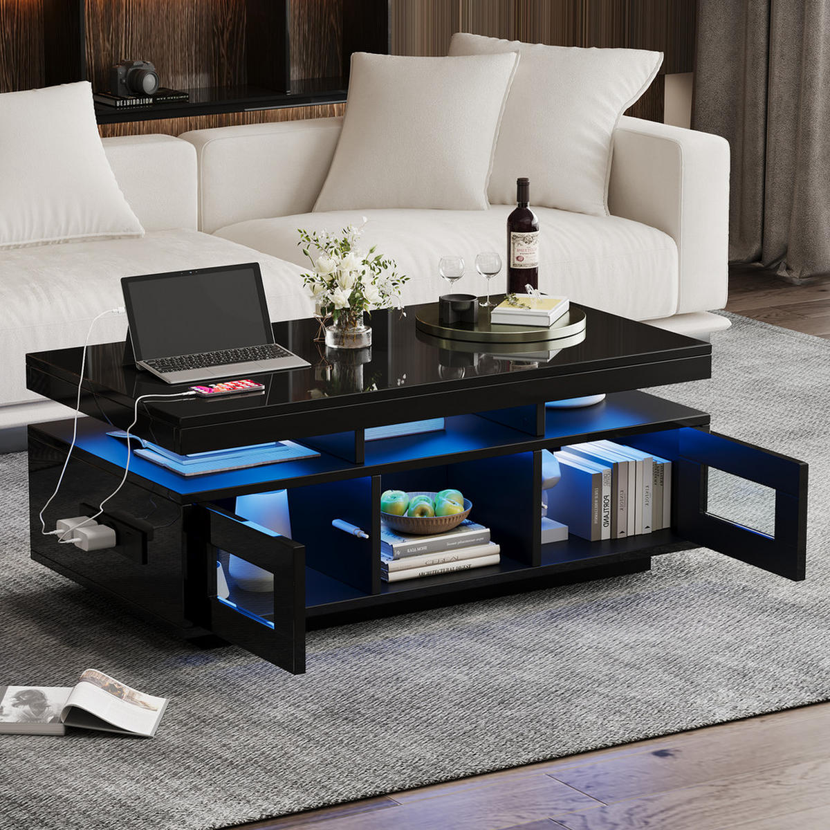 COUCHTISCH 100x50cm Schwarz Hochglanz LED App 2 USB Steckdose Schrank - Schwarz, Holz (109.86/59.06/15.24cm) - FLIEKS