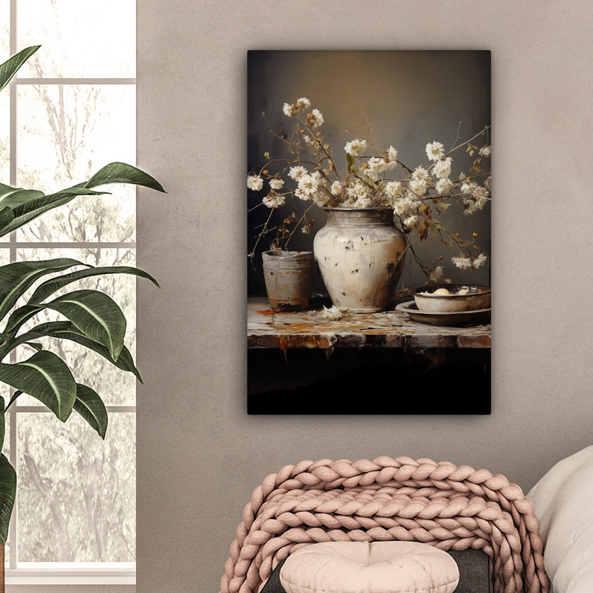 LEINWANDBILD Stilleben - Blumen - Blumenstrauß - Vase - Wein Wanddeko Schlafzimmer 60x90 cm - Schwarz, Textil (60/90cm) - MuchoWow